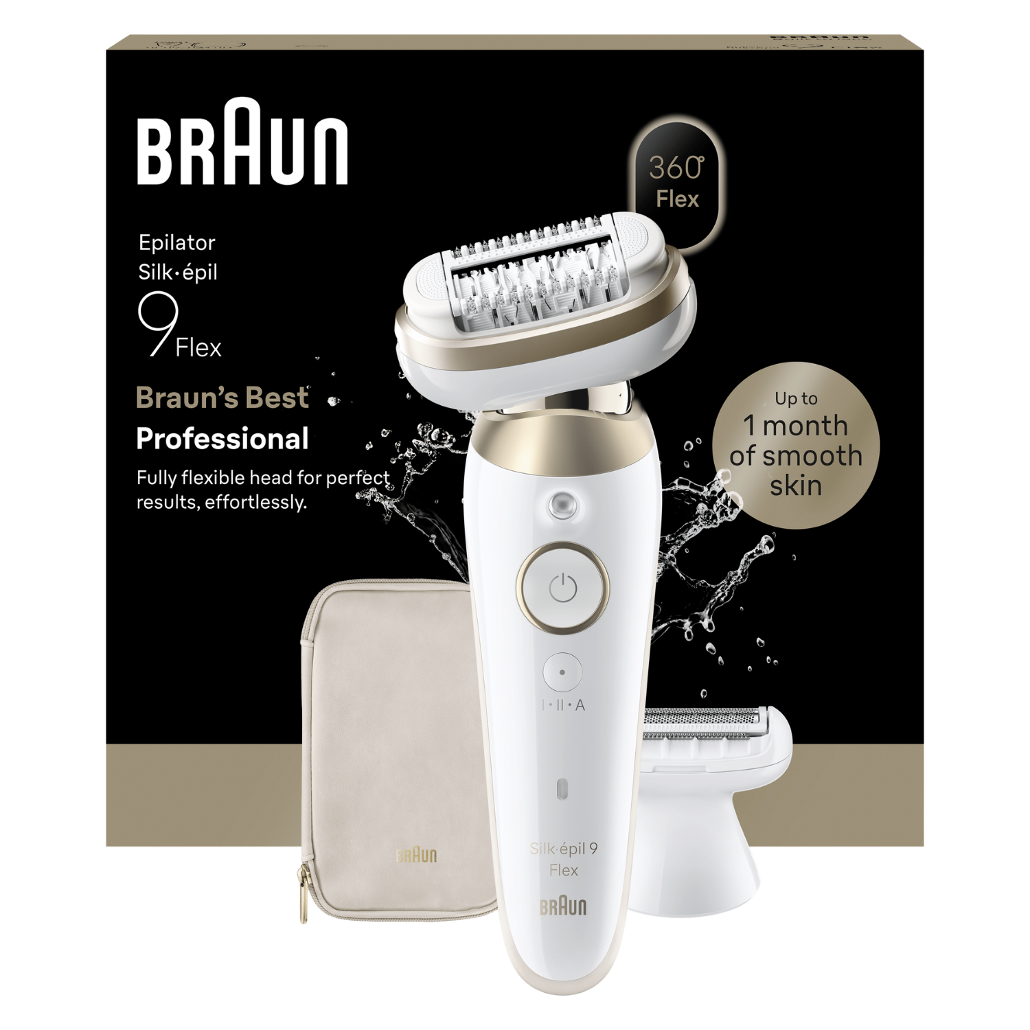 Un depilador Braun Silk-épil 9 Flex blanco con detalles dorados y accesorios.