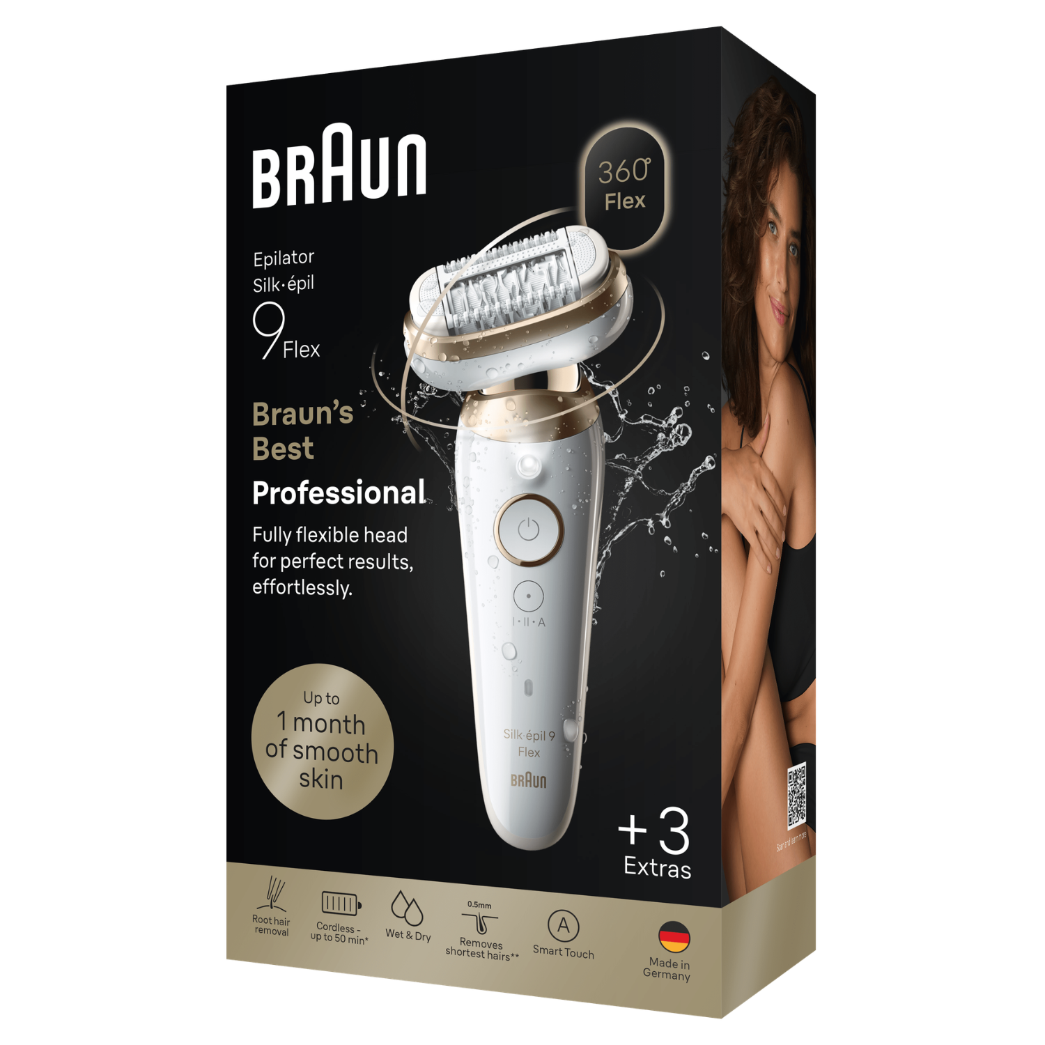 Depiladora Braun Silk-épil 9 Flex con cabezal flexible y mujer en el envase.