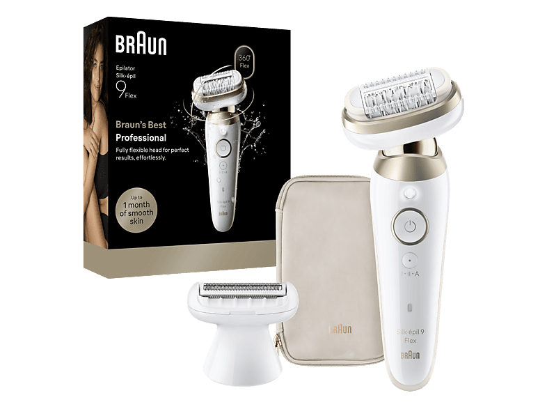 Depiladora - Braun Silk·épil 9 Flex 9-030 3D, En seco y en mojado, Cabezal flexible Piel suave duradera, 2 accesorios adicionales, Oro