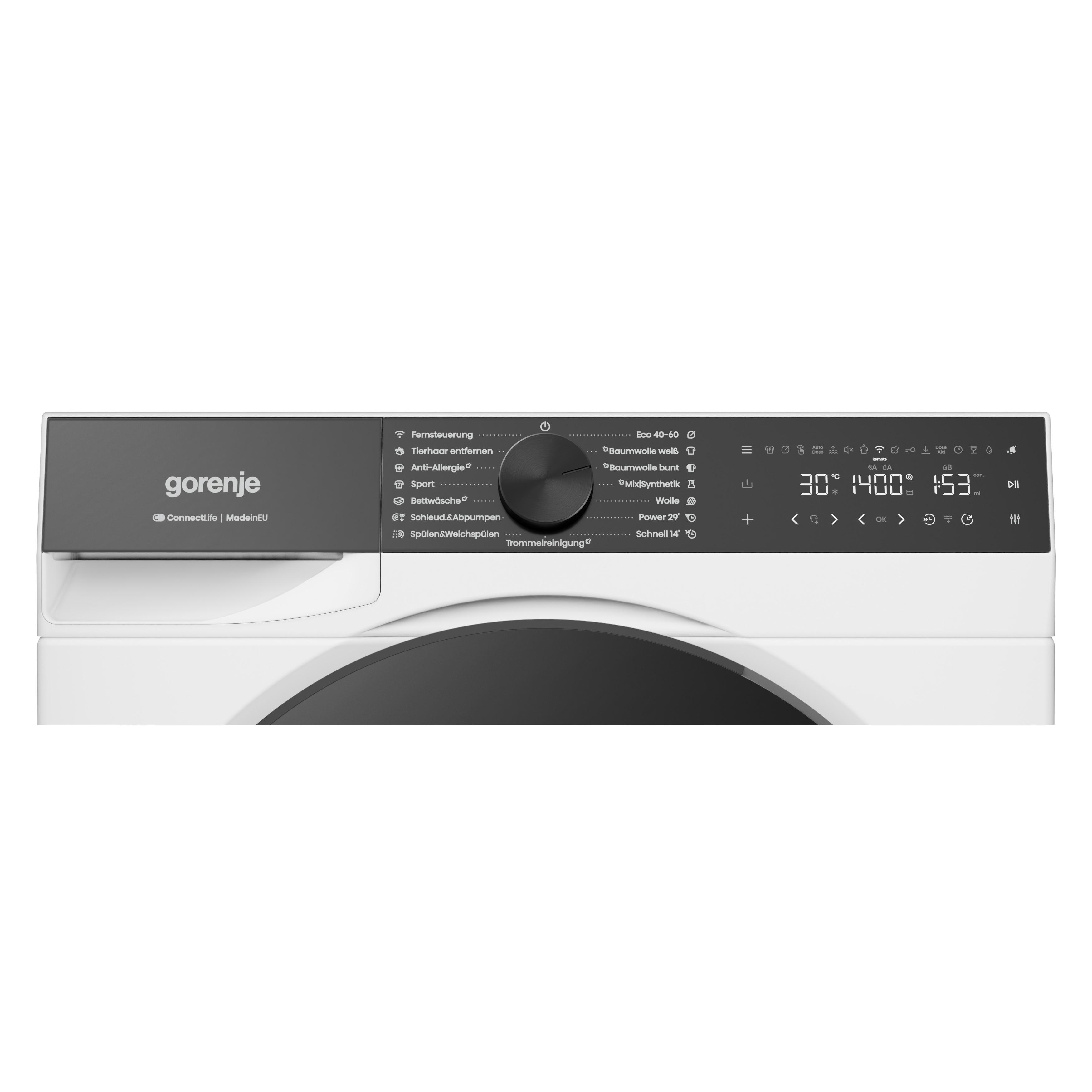 Bedienfeld einer Gorenje Waschmaschine mit Programmauswahl, Temperatur, Schleuderdrehzahl und Zeit.