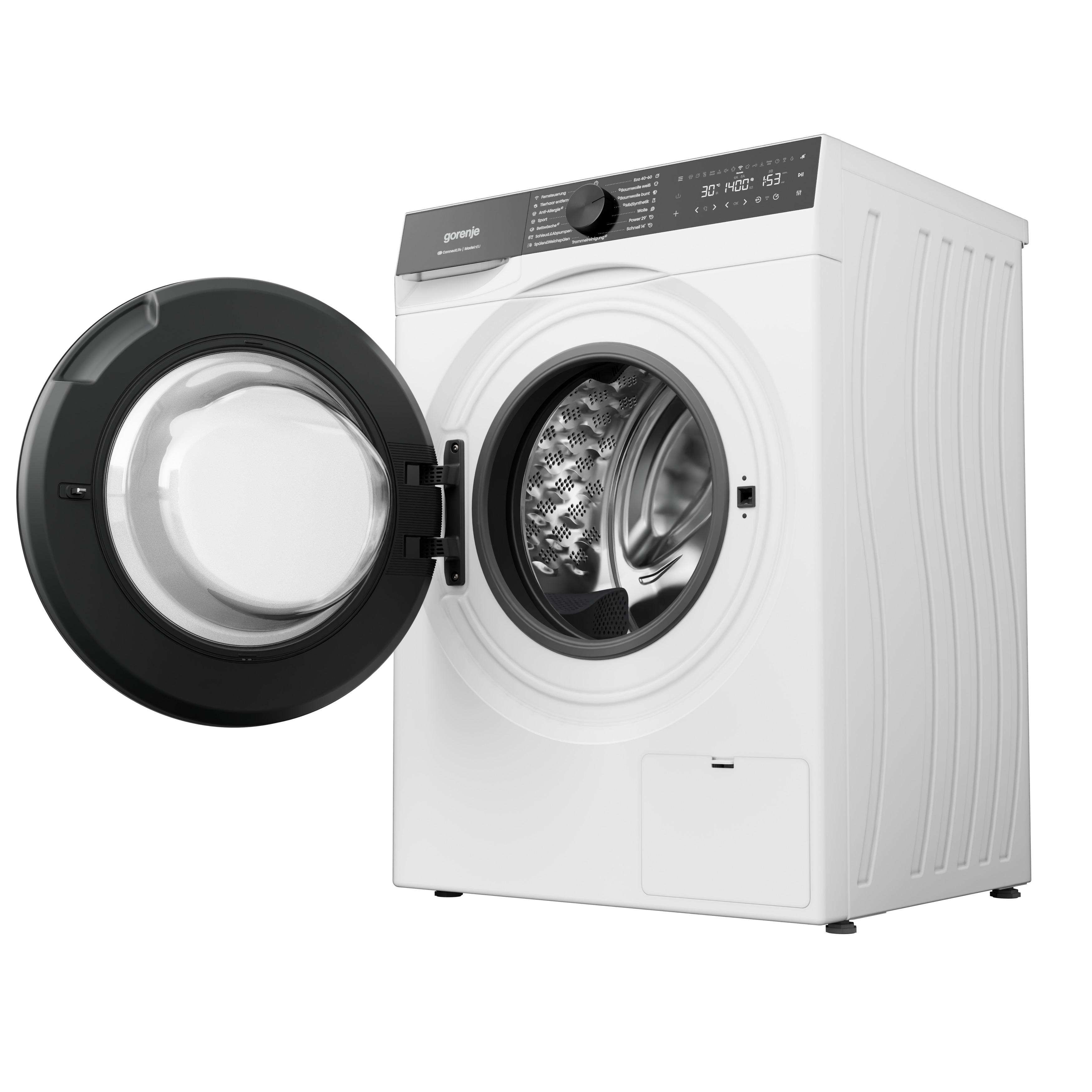 Eine weiße Gorenje Waschmaschine mit geöffneter schwarzer Tür, digitalem Display und Bedienelementen.