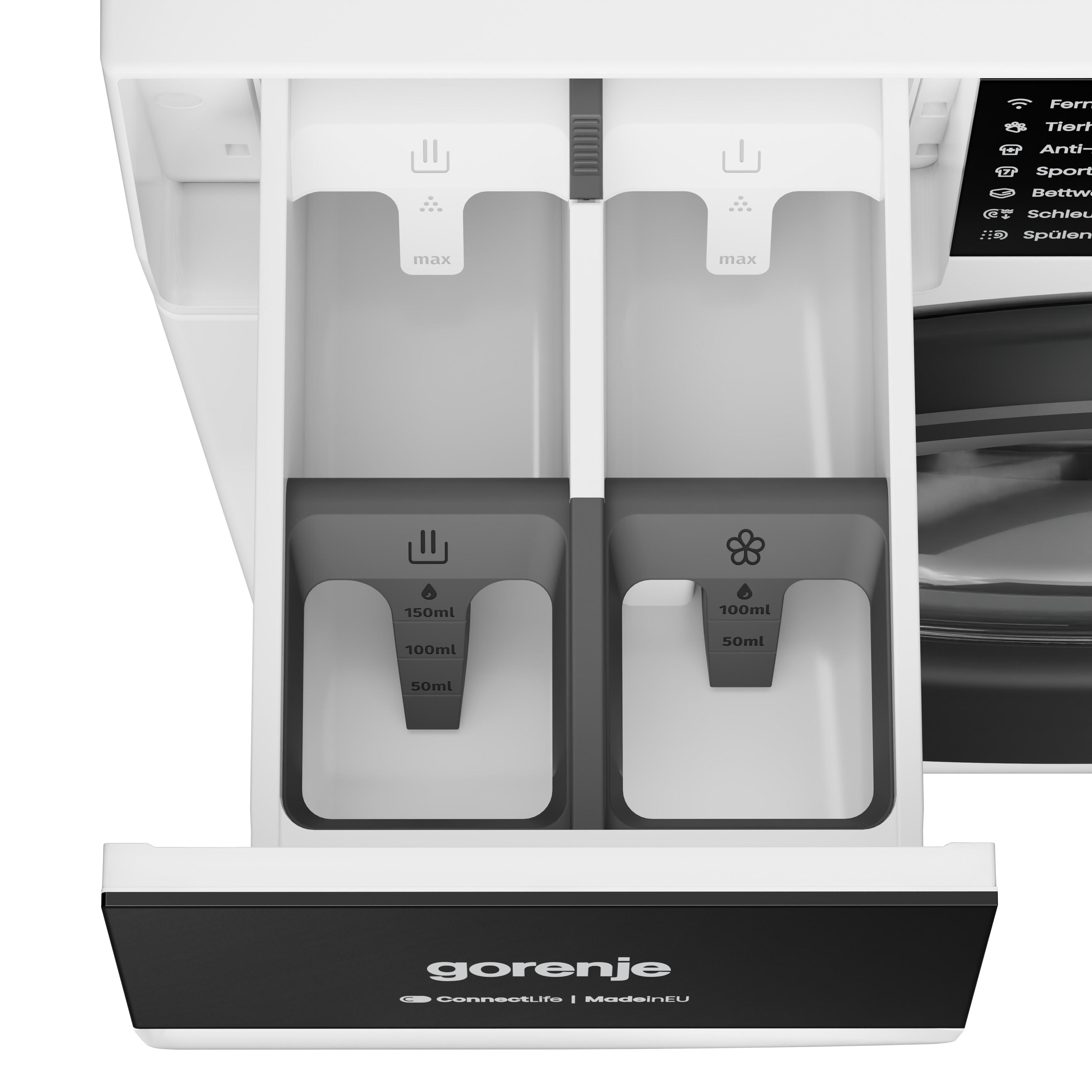 Ausgezogene Schublade einer Waschmaschine mit Fächern für Waschmittel und Weichspüler.
