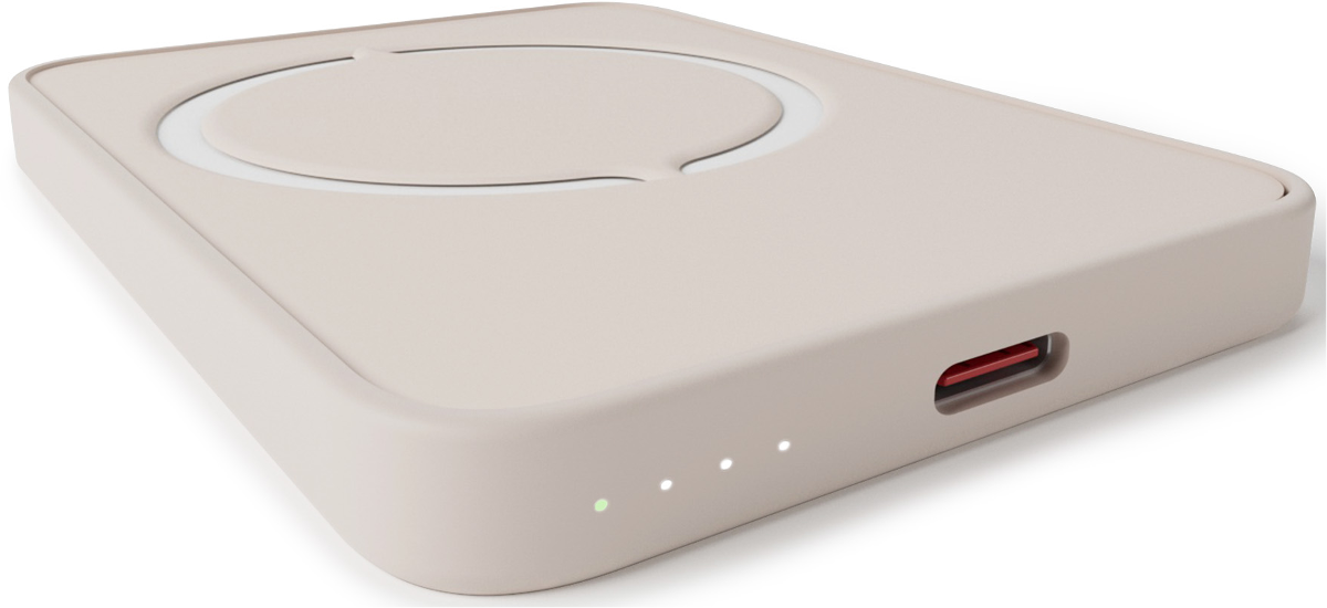 Eine beige kabellose Ladestation mit einem roten USB-C-Anschluss und drei LEDs.