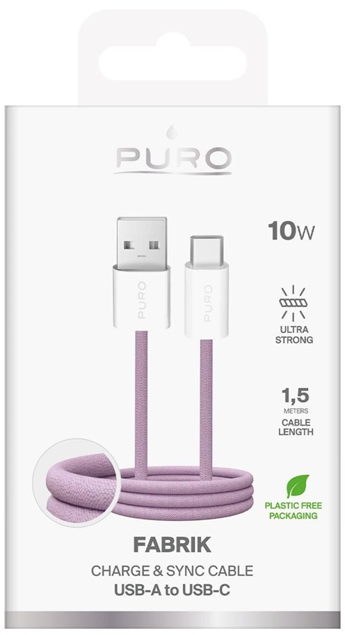 Ein lila Puro USB-A zu USB-C Ladekabel mit 1,5m Länge.