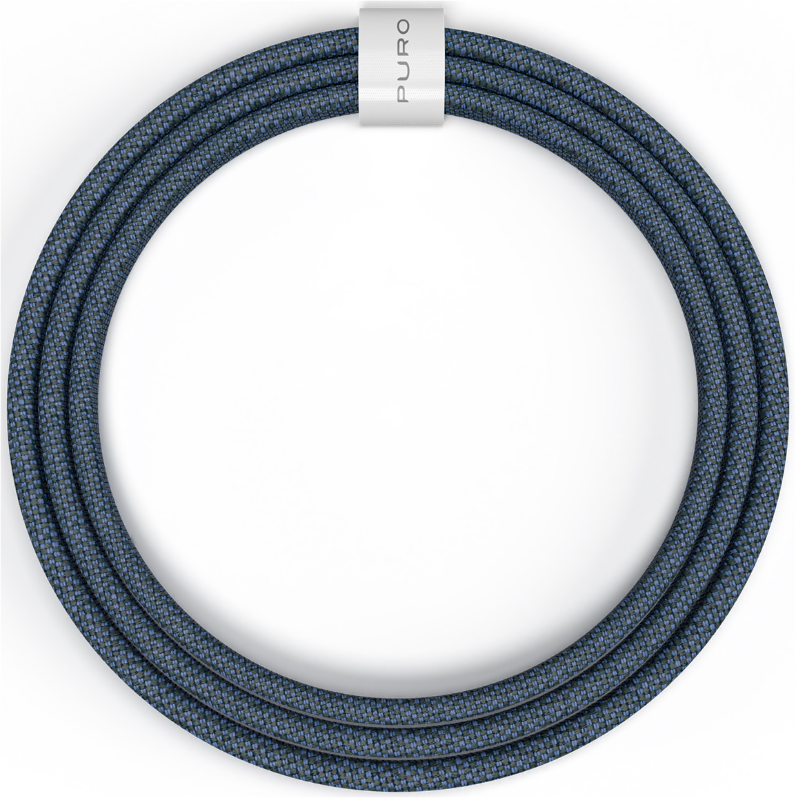 Ein gewickeltes blaues, gewebtes Kabel mit einem silbernen Band und dem Wort PURO.