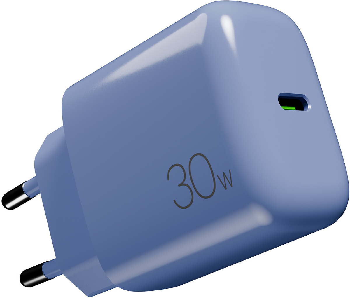 Ein blauer 30W Ladestecker mit USB-C-Anschluss und grüner LED.