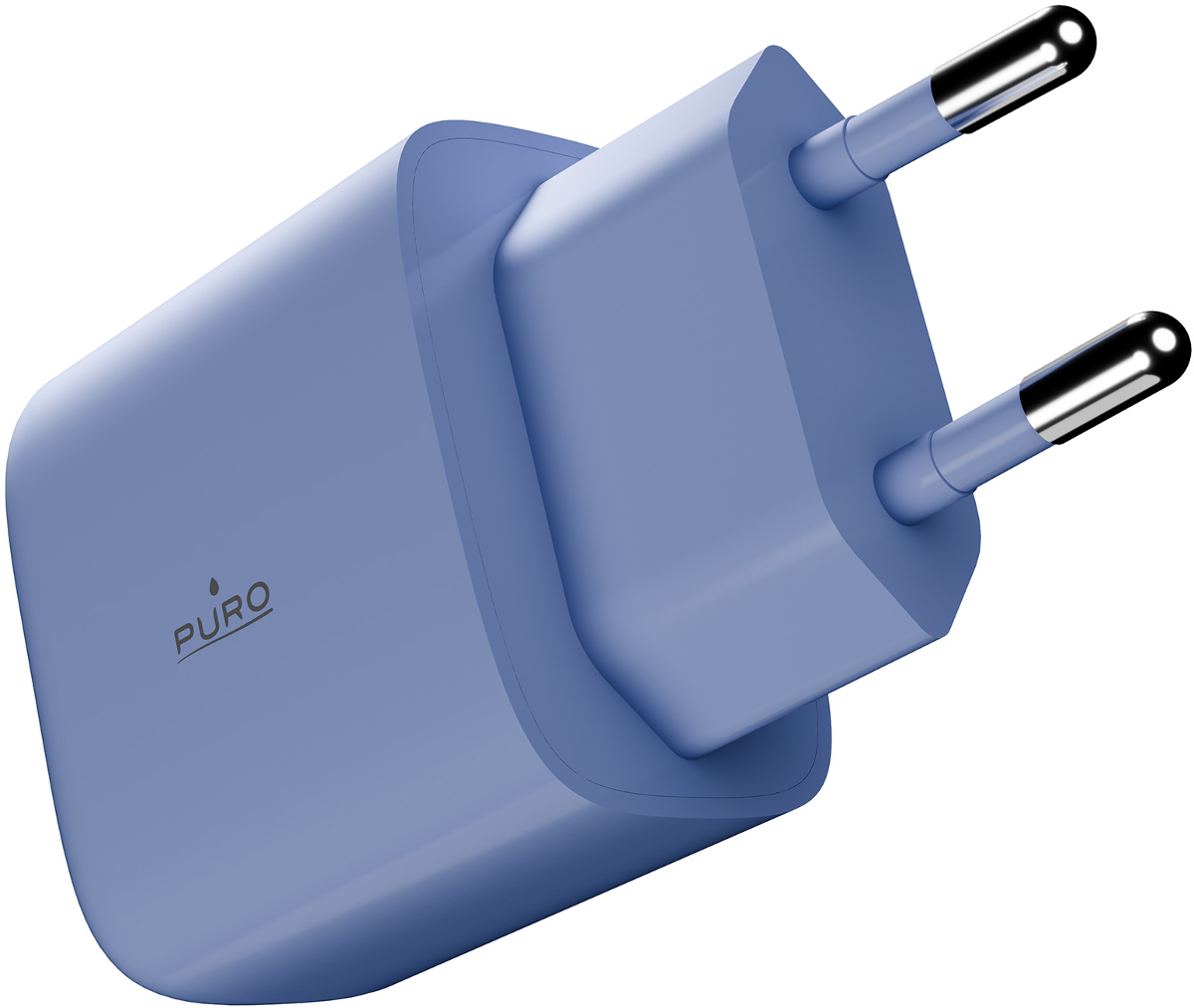 Ein lavendelfarbener Netzstecker mit zwei silbernen Stiften und dem Puro-Logo.