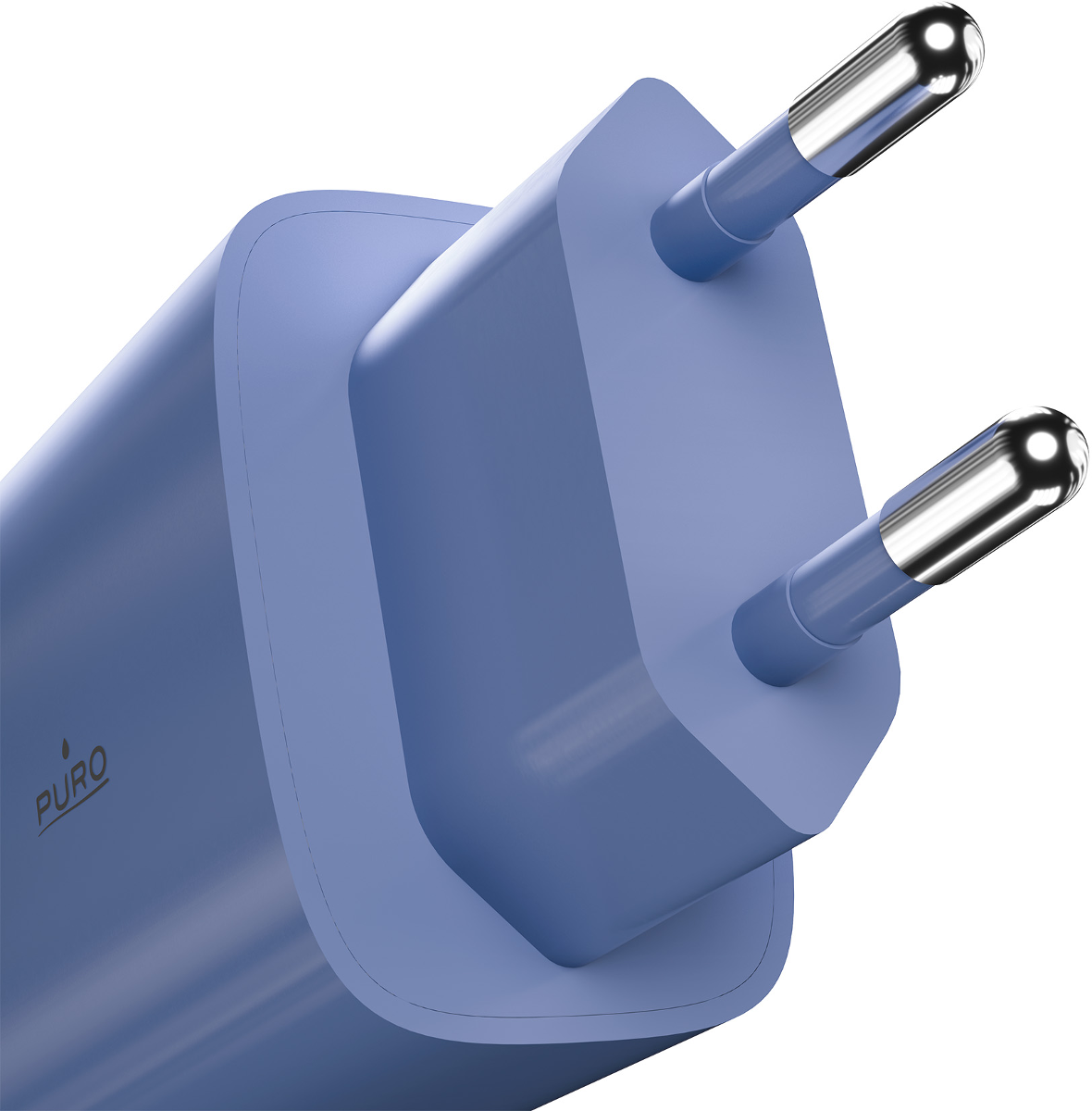 Ein blauer Stecker mit zwei silbernen Stiften, links ist das PURO-Logo.