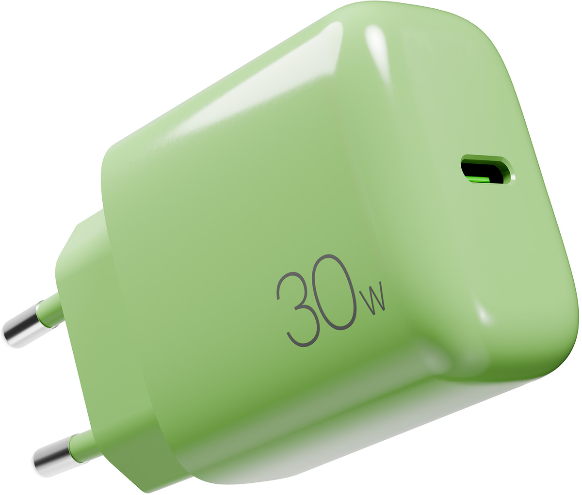Ein grüner 30W USB-C-Netzteil mit EU-Stecker und silbernen Stiften.