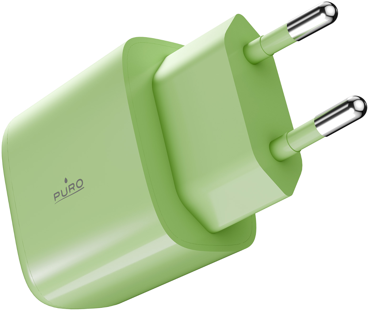 Ein hellgrüner Stecker mit zwei silbernen Stiften und einem Puro-Logo.