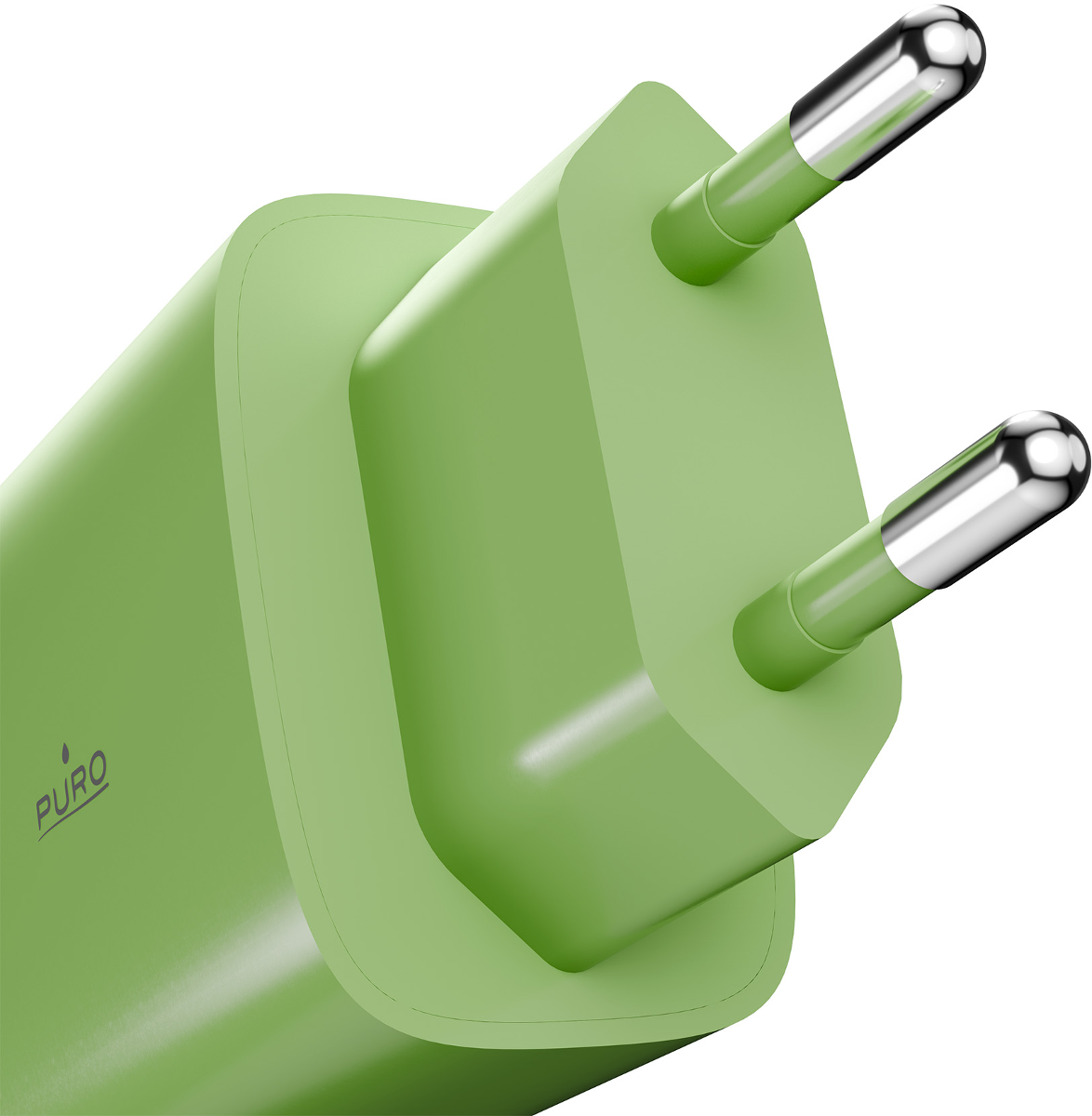 Grüner Stecker mit zwei silbernen Stiften, Marke Puro.