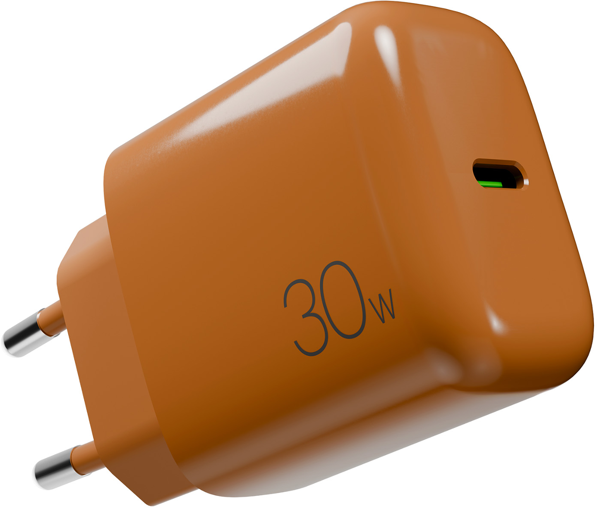 Ein orangefarbener 30-W-Netzstecker mit zwei silbernen Stiften und einem USB-C-Anschluss.