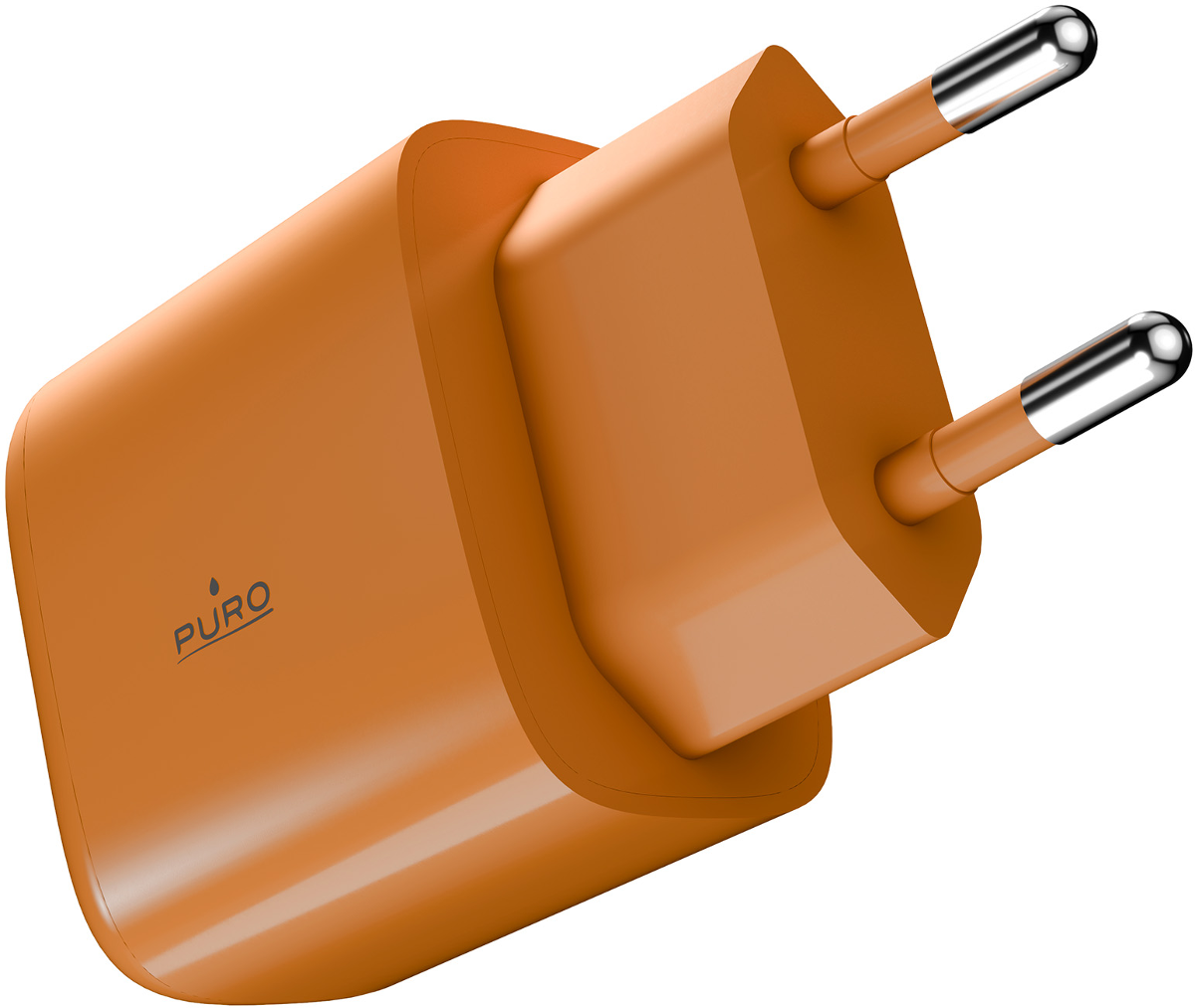 Ein orangefarbener Ladestecker mit zwei Metallstiften und dem Puro-Logo.