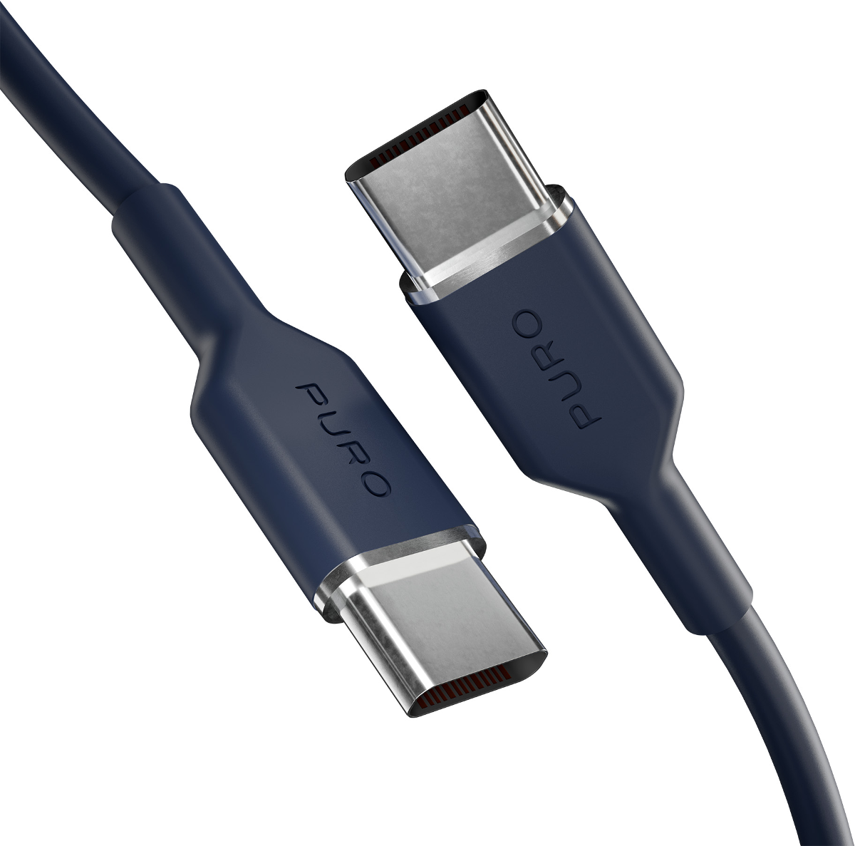 Dunkelblaues USB-C-Kabel mit silbernen Anschlüssen, beschriftet mit PURO.