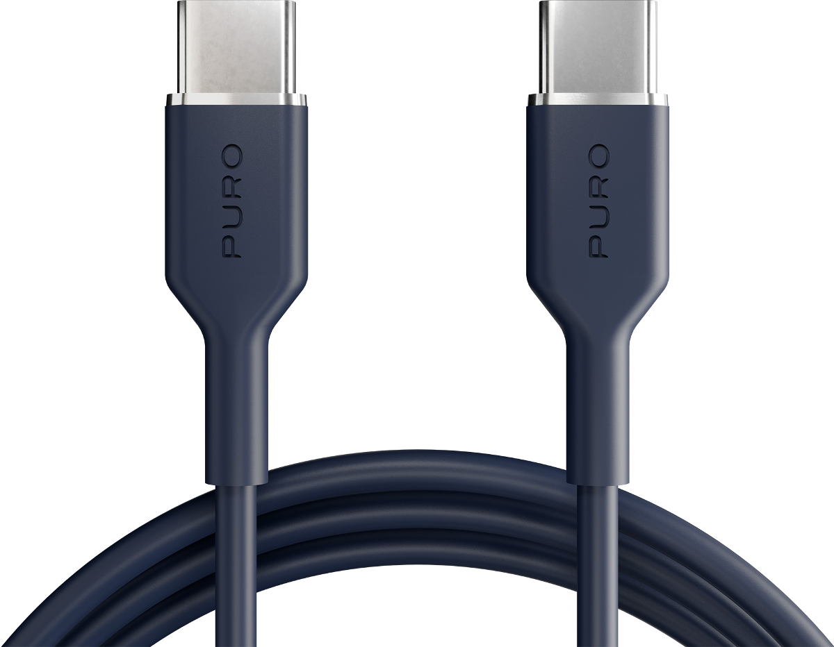 Zwei dunkelblaue USB-C-Kabel mit silbernen Anschlüssen, auf weißem Hintergrund.
