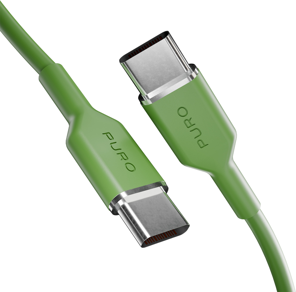 Zwei grüne USB-C-Kabelstecker mit silbernen Spitzen und dem PURO-Logo.