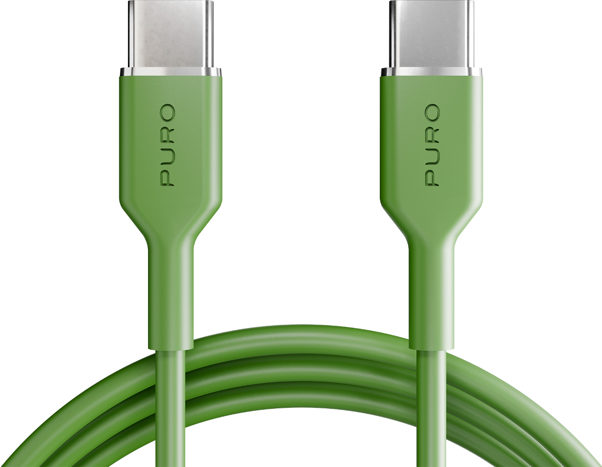 Zwei grüne USB-C-Kabel mit silbernen Anschlüssen liegen nebeneinander.