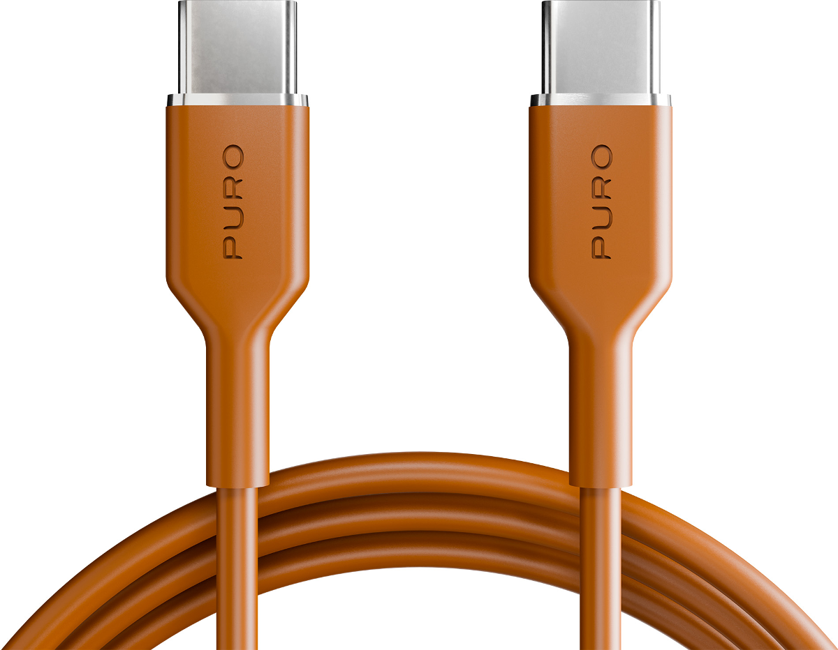 Zwei orangefarbene USB-C-Kabel mit silbernen Anschlüssen liegen auf einem weißen Hintergrund.