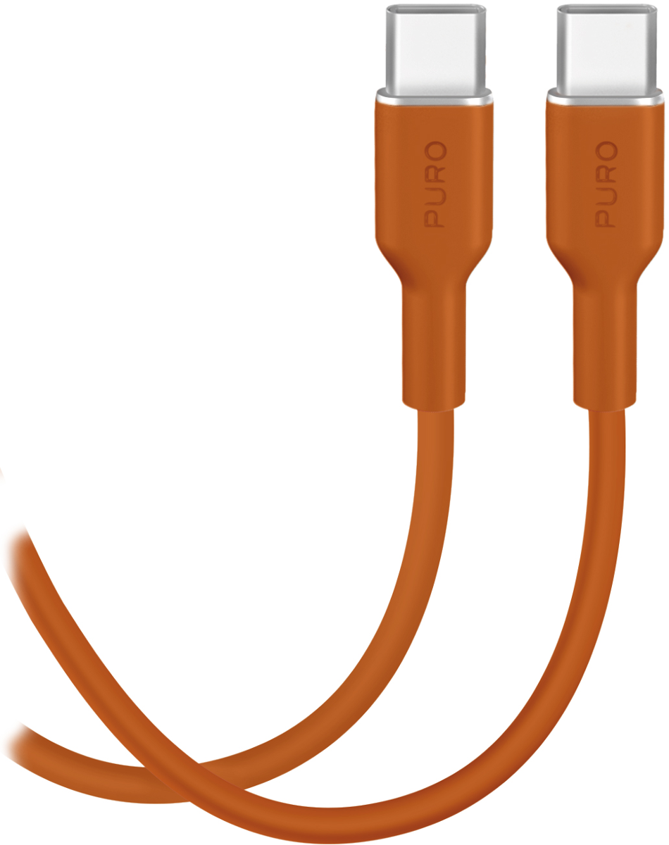 Zwei orangefarbene USB-C-Kabel mit silbernen Anschlüssen liegen gekreuzt.