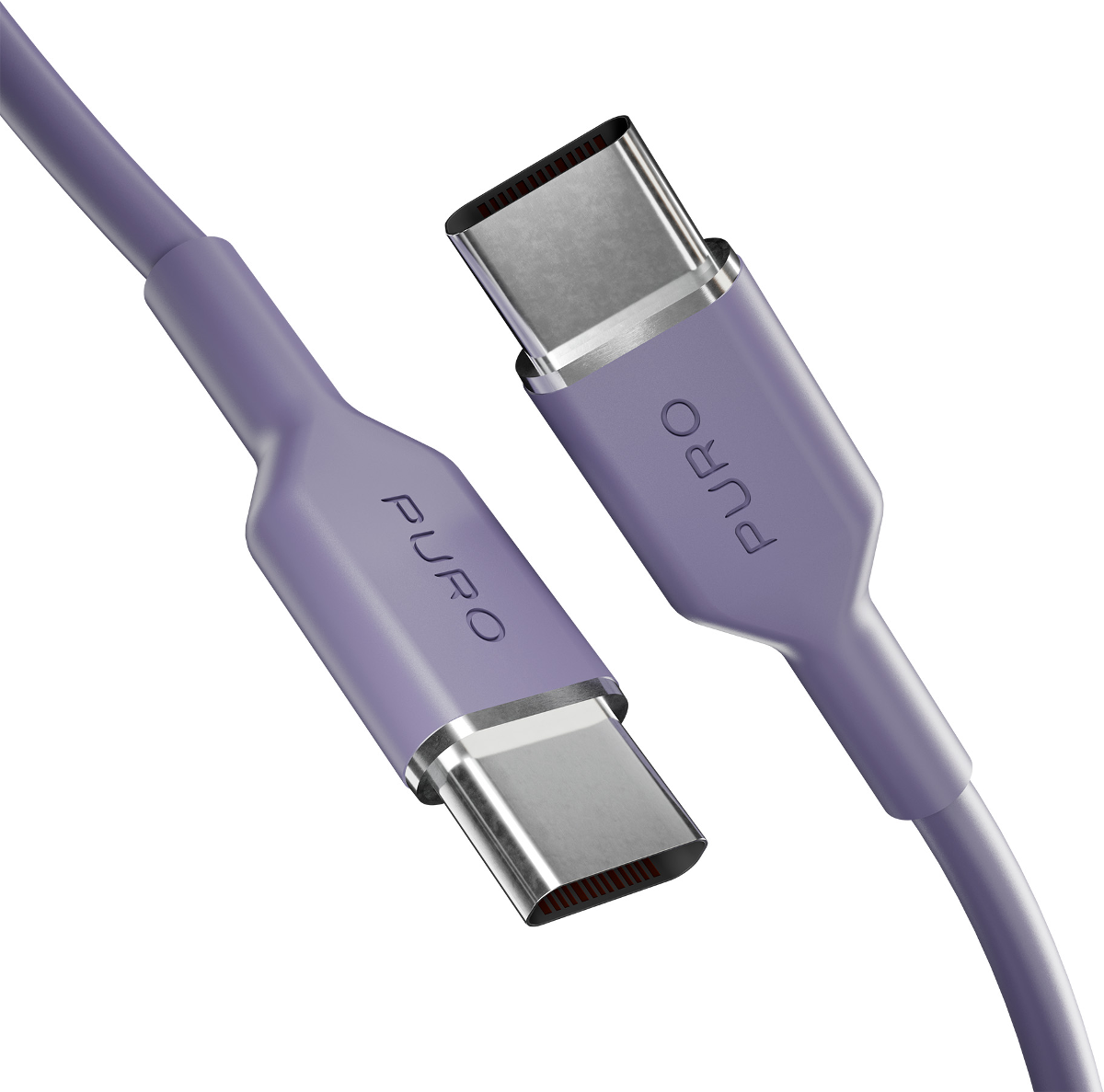 Zwei lila USB-C-Kabel mit dem PURO-Logo, nahaufnahme.