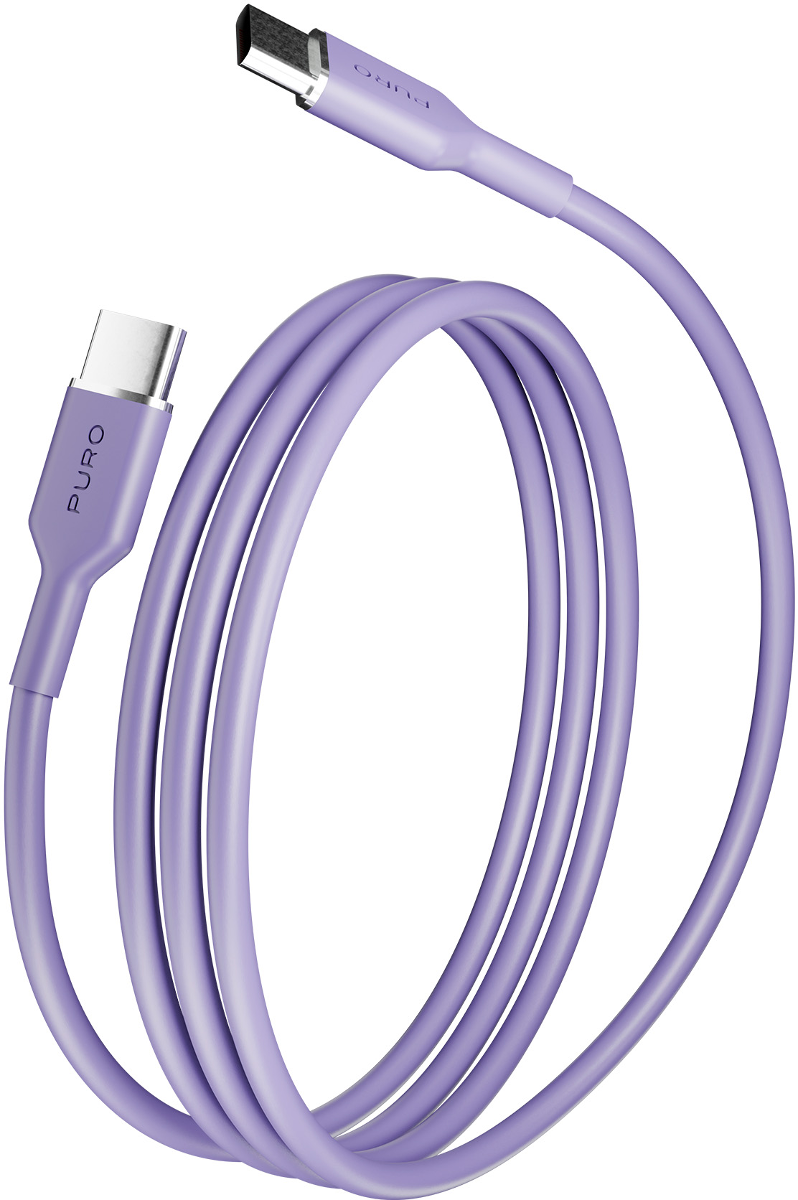 Ein lila USB-C-Kabel mit Puro-Logo, aufgerollt.