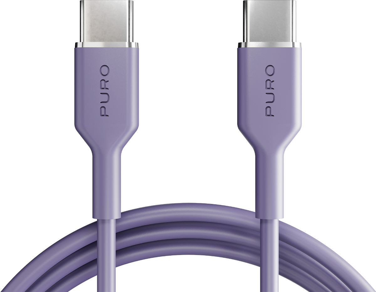 Zwei lila USB-C-Kabel mit silbernen Anschlüssen liegen auf einem weißen Hintergrund.