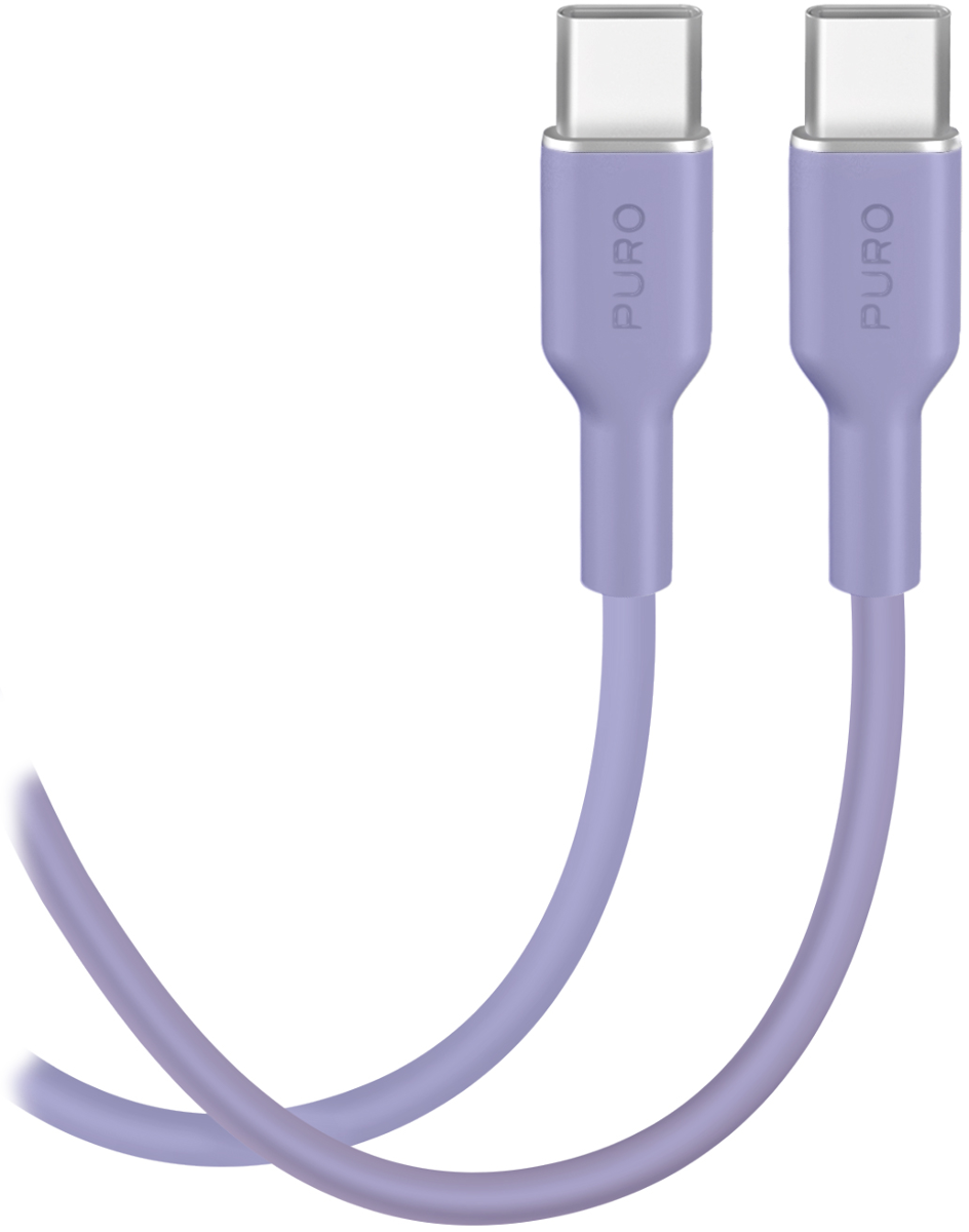 Zwei lila USB-C-Kabel mit silbernen Anschlüssen und dem Aufdruck PURO.