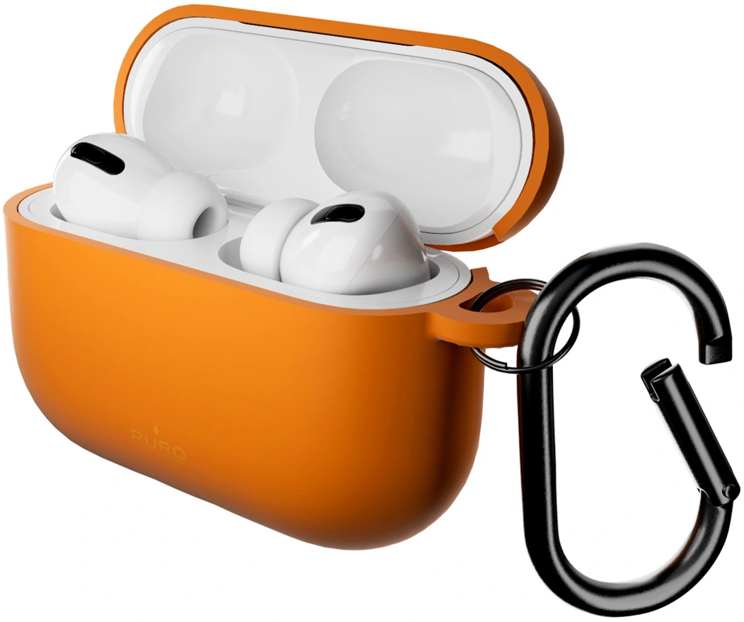 Orange Ladehülle mit weißen Ohrhörern und schwarzem Karabiner.