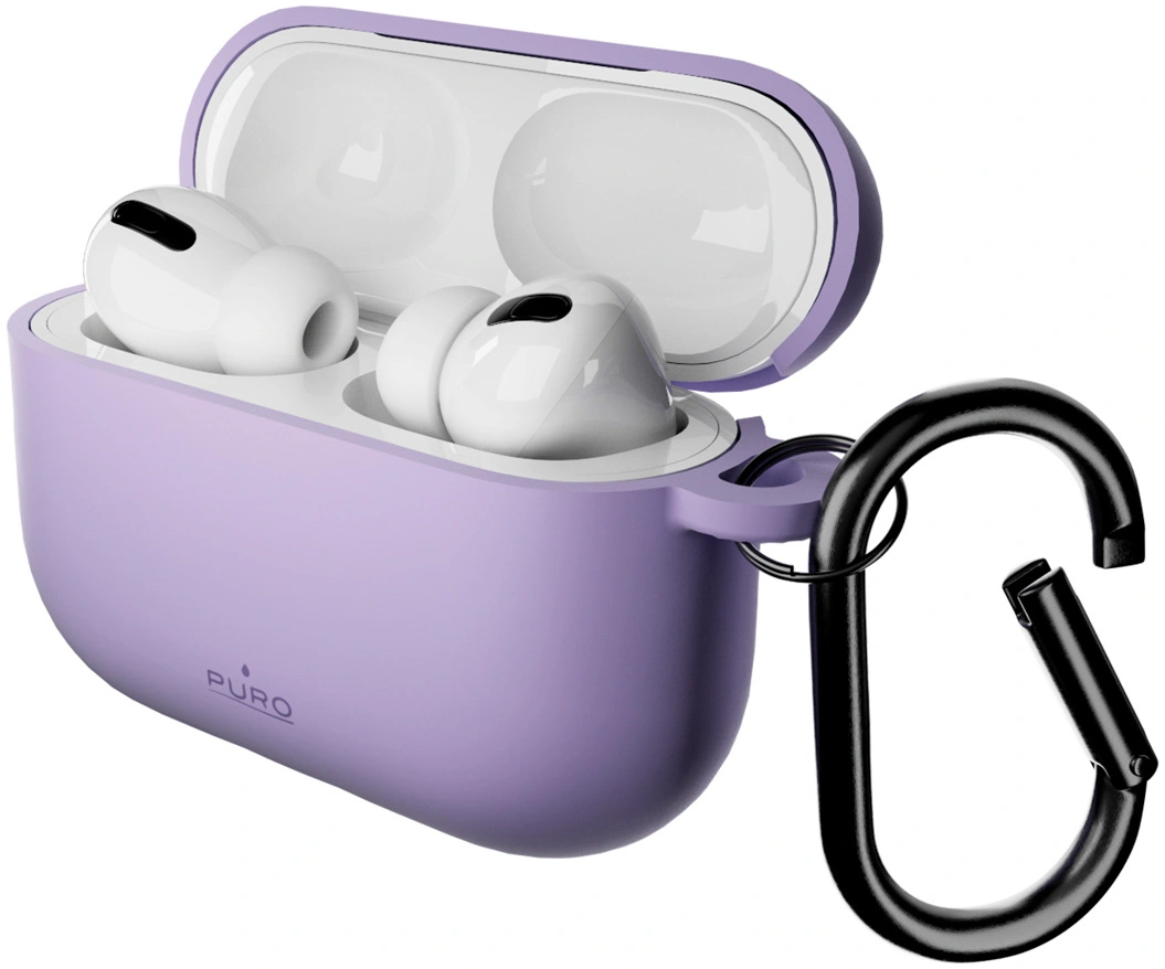 Lila AirPods Pro Hülle mit Karabinern und weißen Kopfhörern