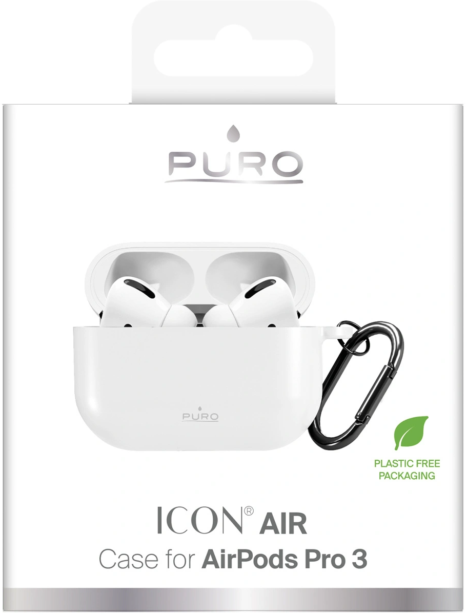 Weiße Puro ICON AIR Hülle für AirPods Pro 3, offen mit Ohrhörern, schwarzer Karabiner.