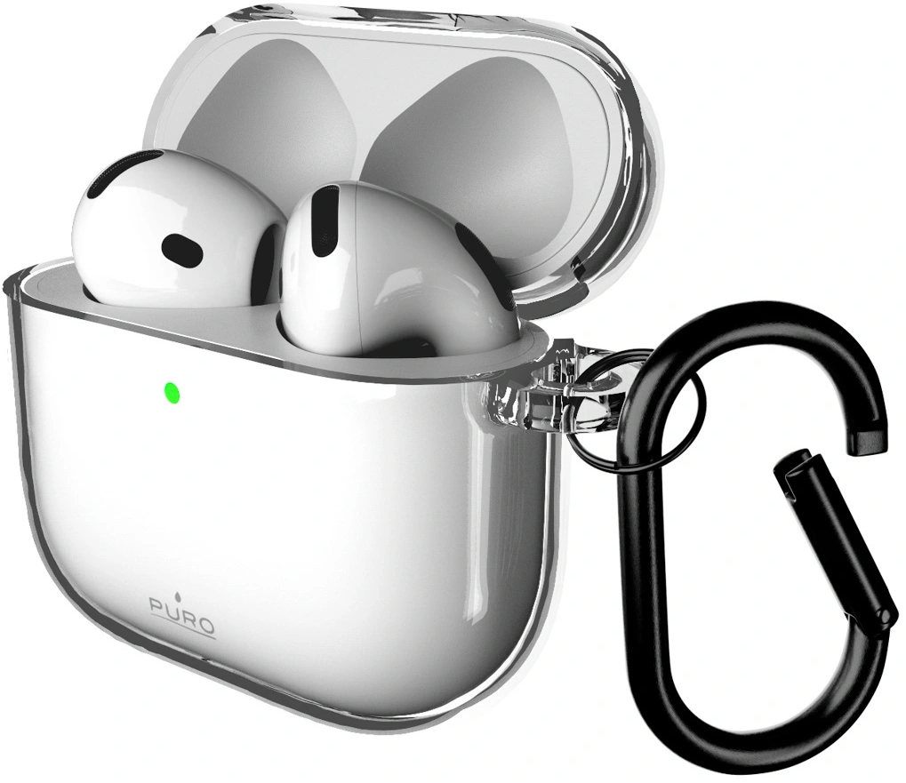 Weiße Ohrhörer in transparenter Ladehülle mit schwarzem Karabiner.