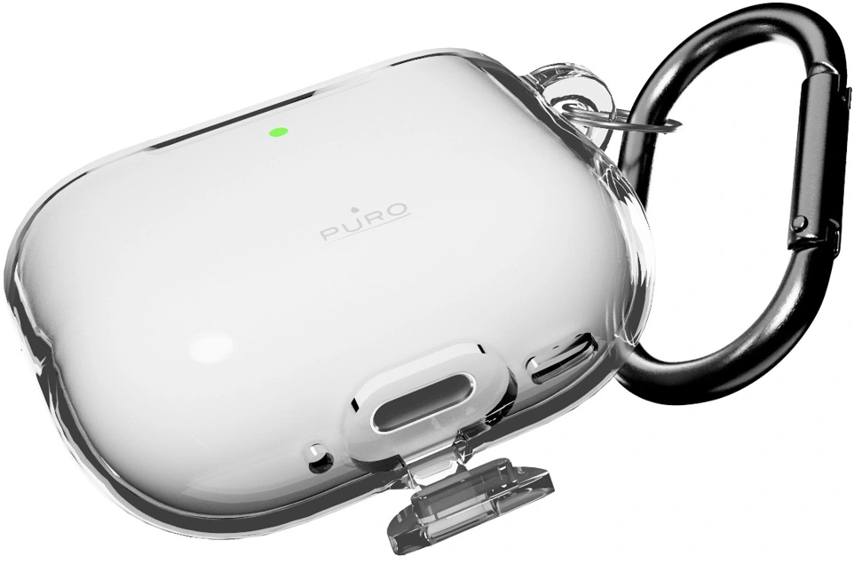 Transparente Hülle mit Karabiner und grünem Licht.