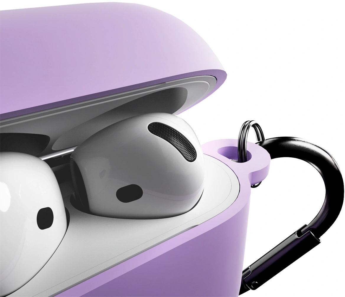 Ein lila AirPods-Etui mit weißen Ohrhörern und einem schwarzen Karabiner.