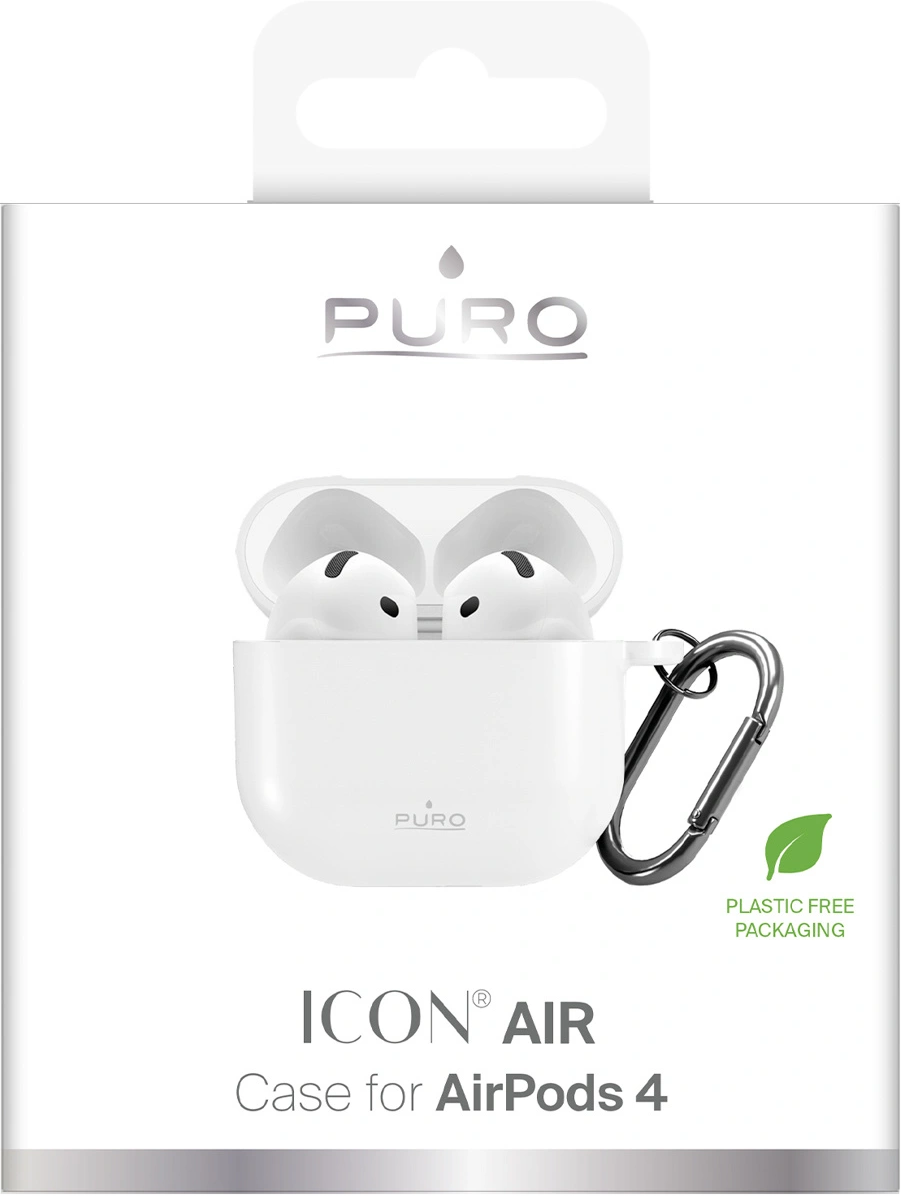 Weiße Puro ICON AIR Hülle für AirPods mit Karabiner und "Plastic Free Packaging" Logo.