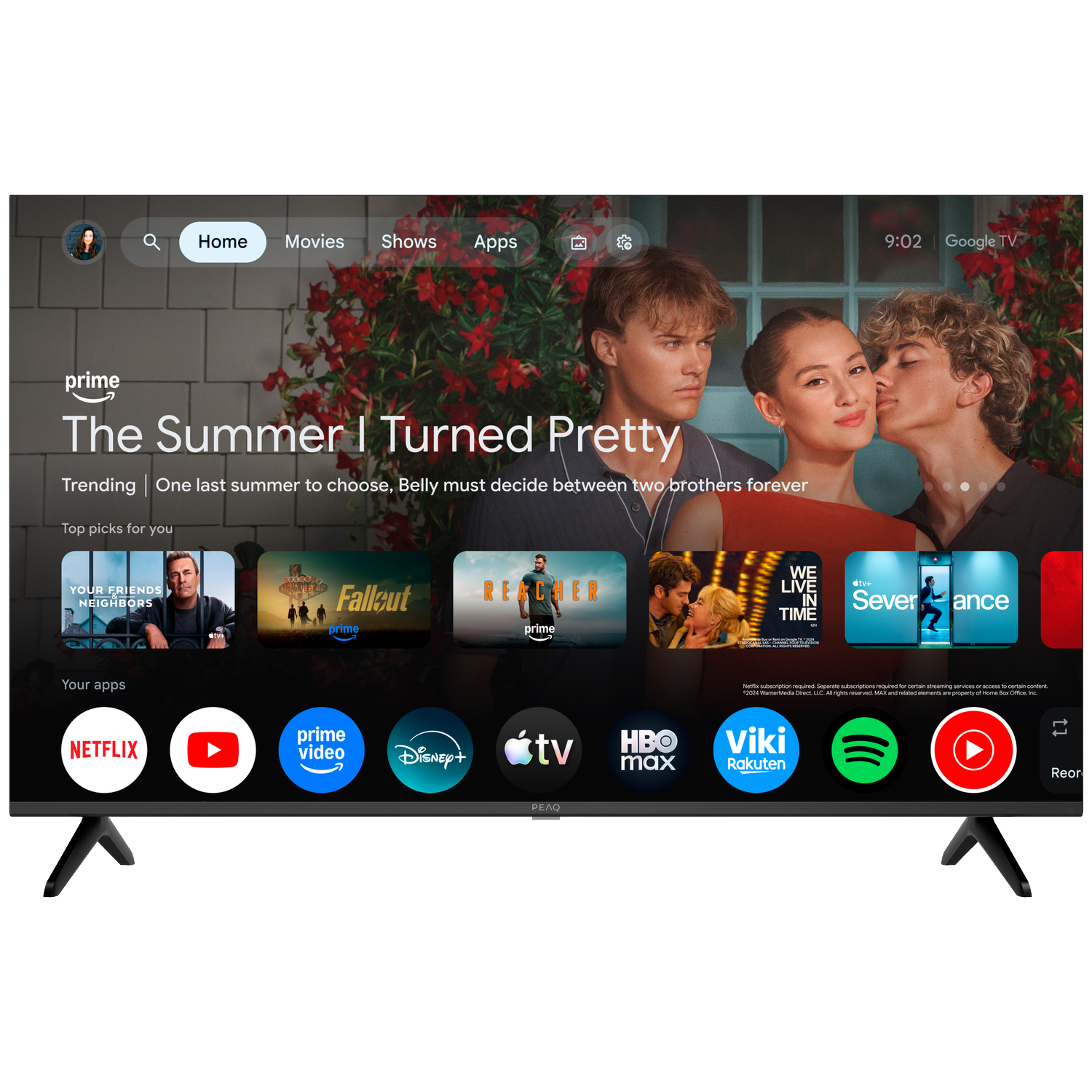 Una pantalla de TV muestra la interfaz de Google TV con películas y aplicaciones.