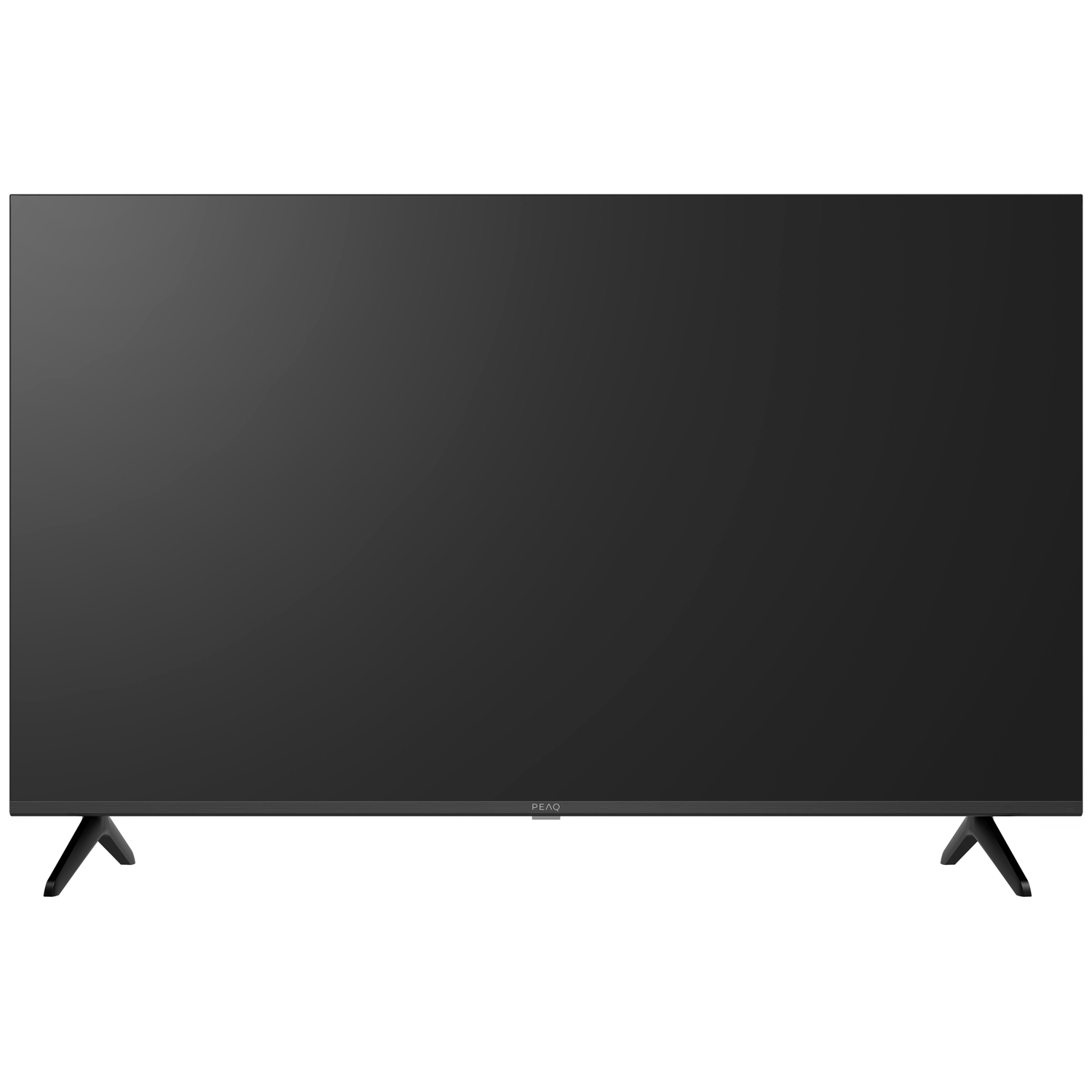 Un televisor negro con dos patas se alza sobre un fondo blanco.