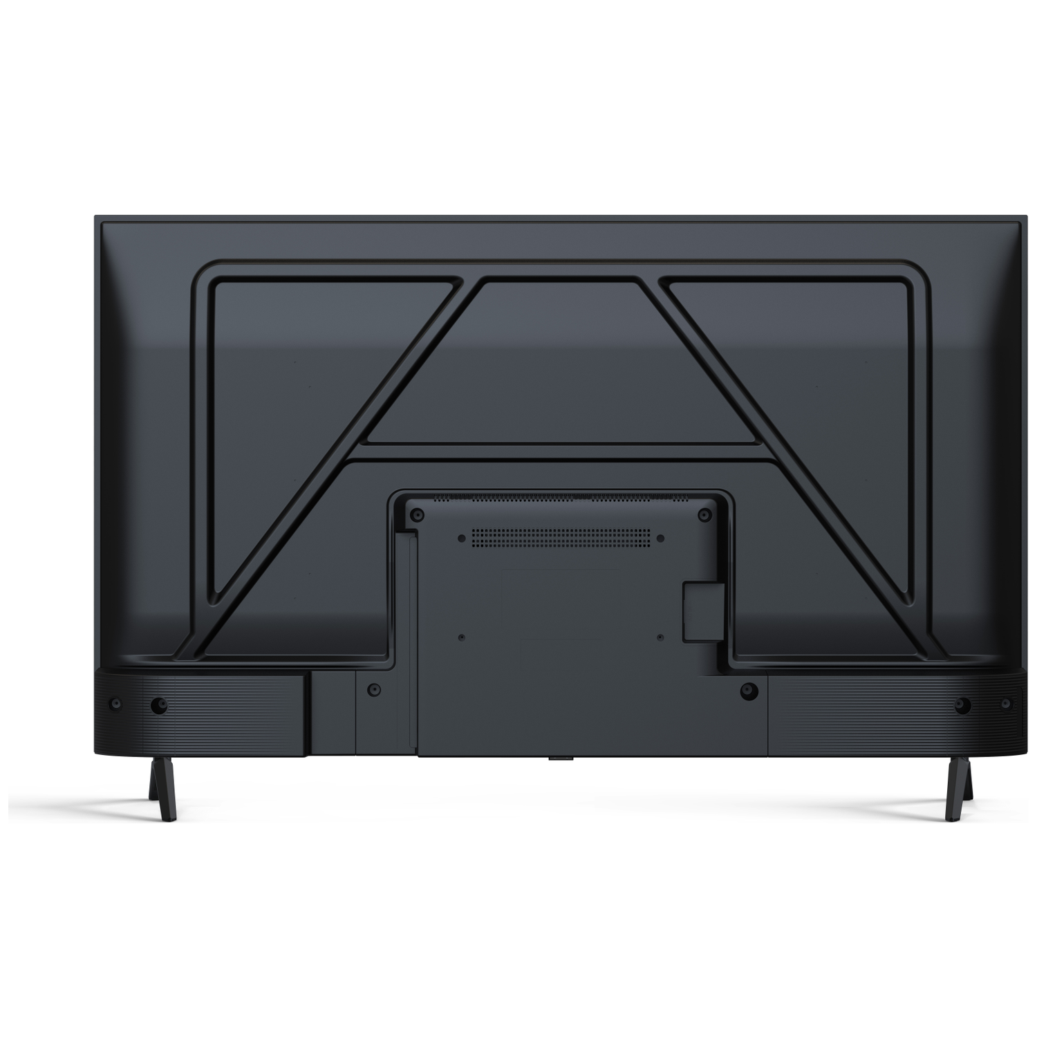 Vista trasera de un televisor negro con patas.