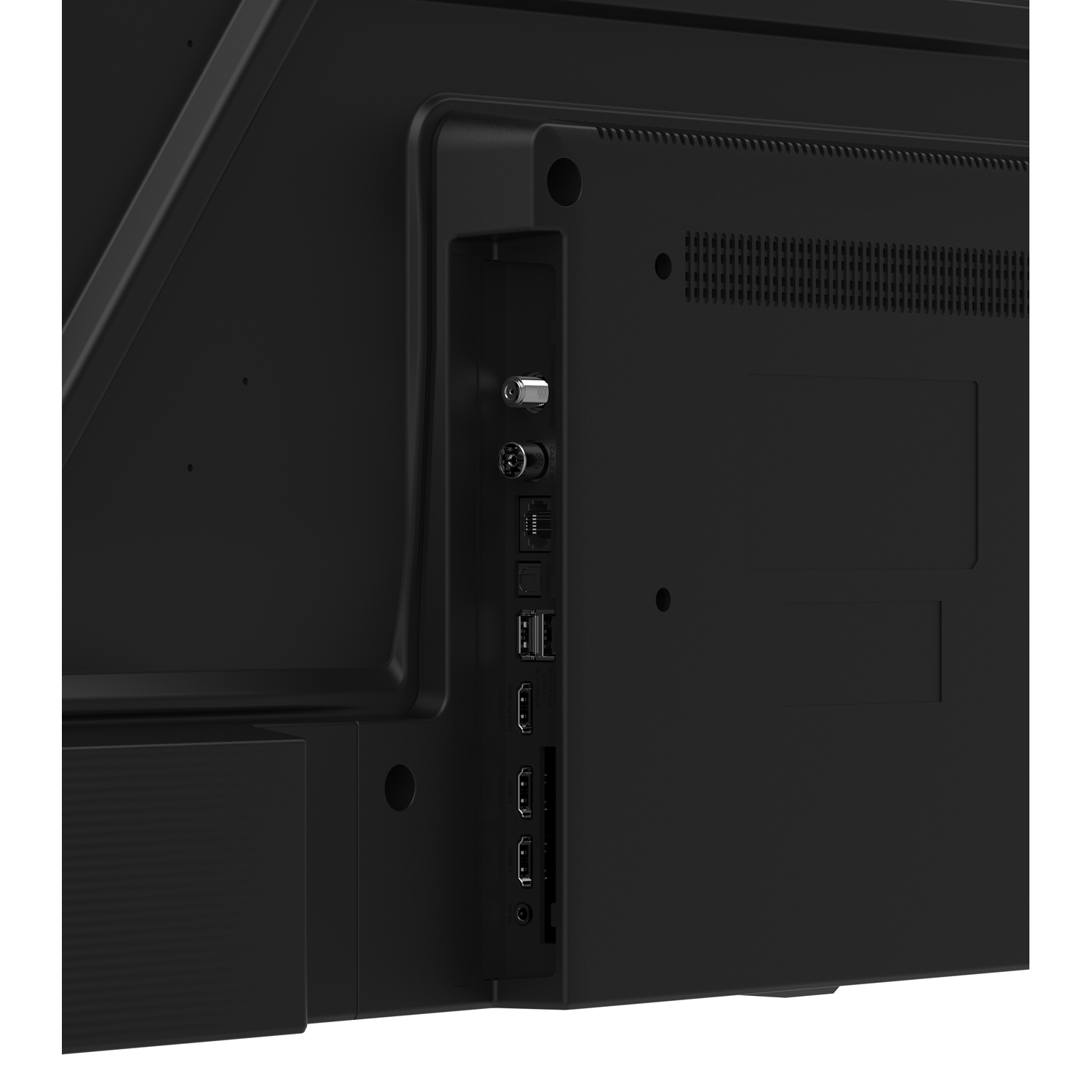 Panel trasero de TV negro con puertos de antena, HDMI y USB visibles.