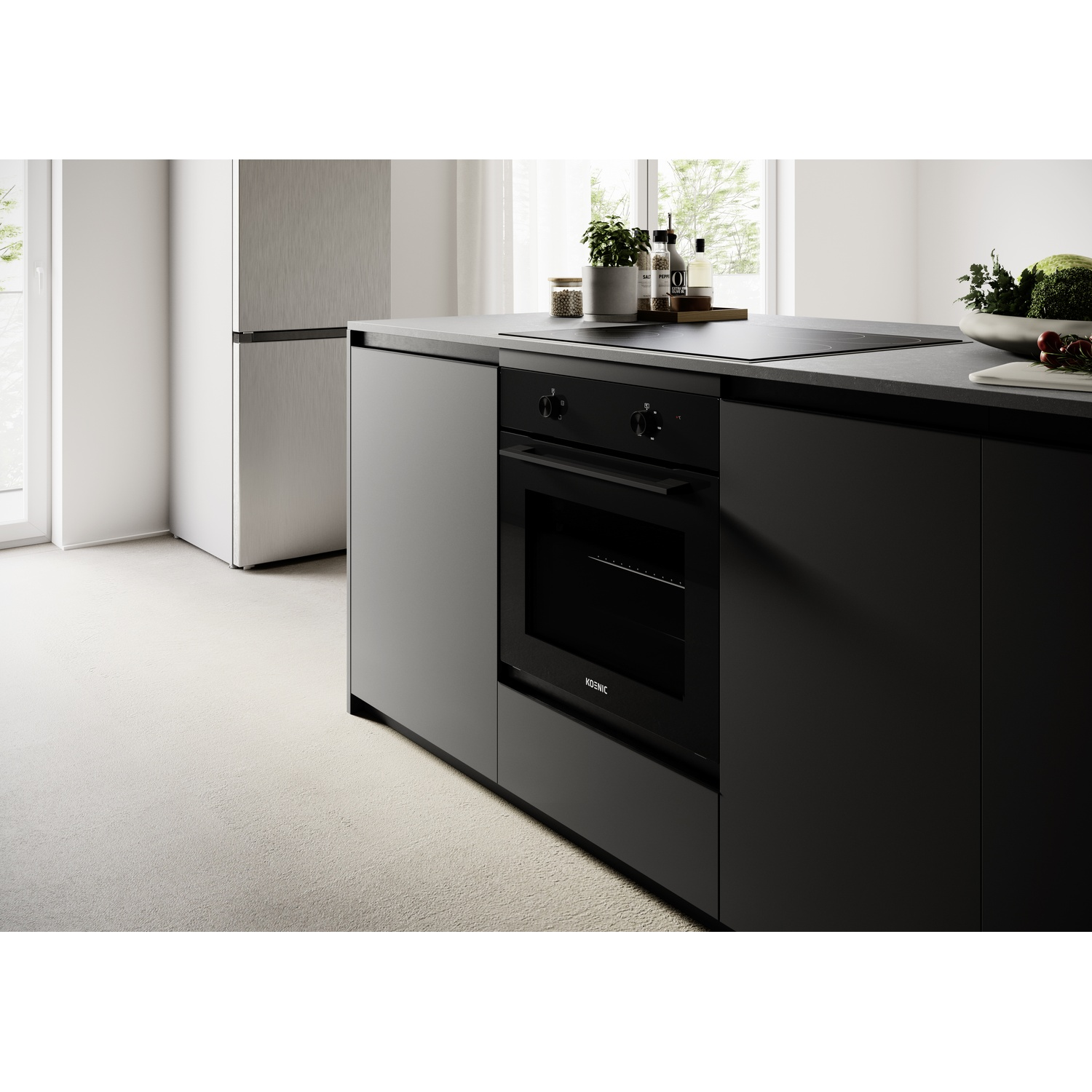 Cucina moderna con forno, piano cottura e frigorifero neri.