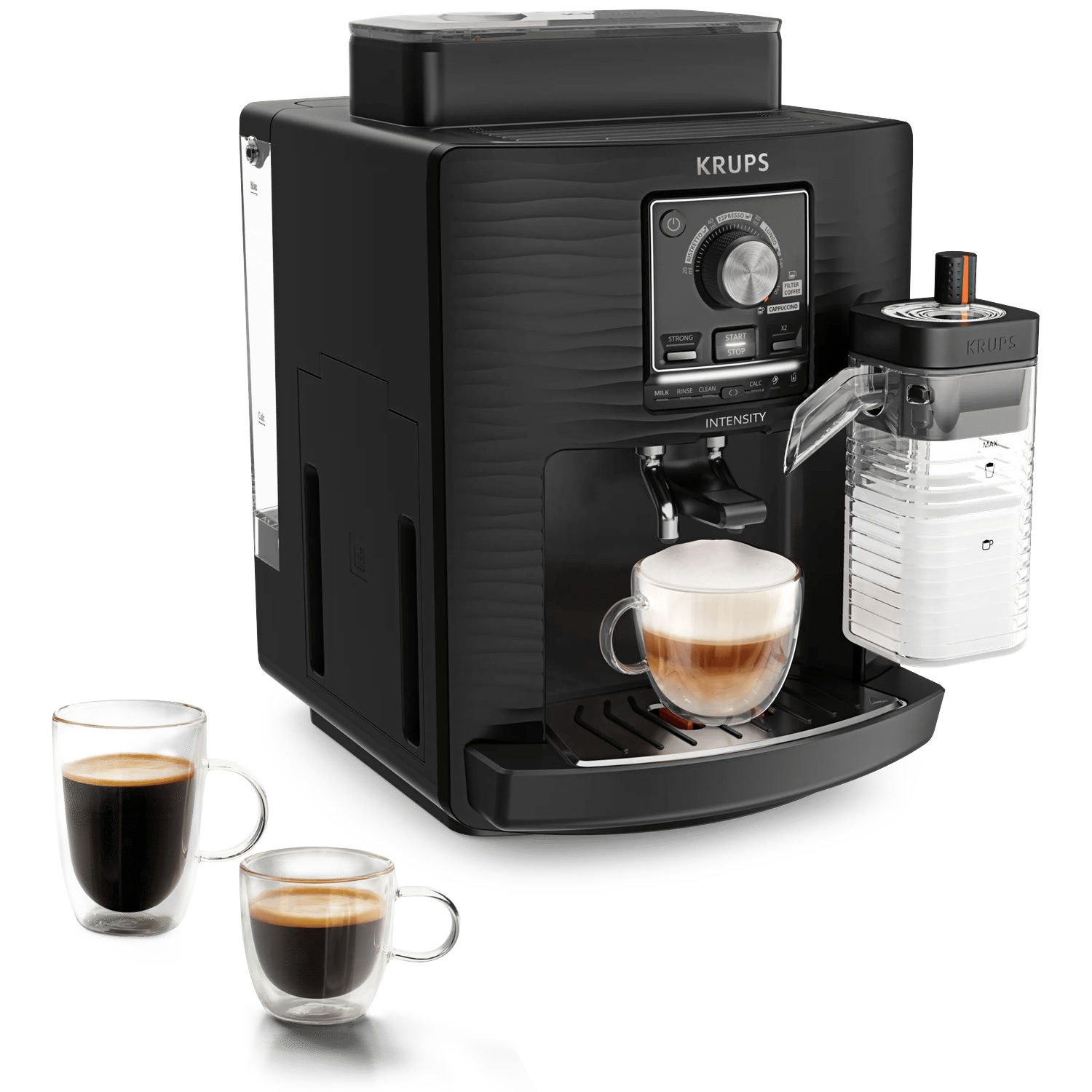 A black Krups espresso machine with milk container and two cups of coffee.