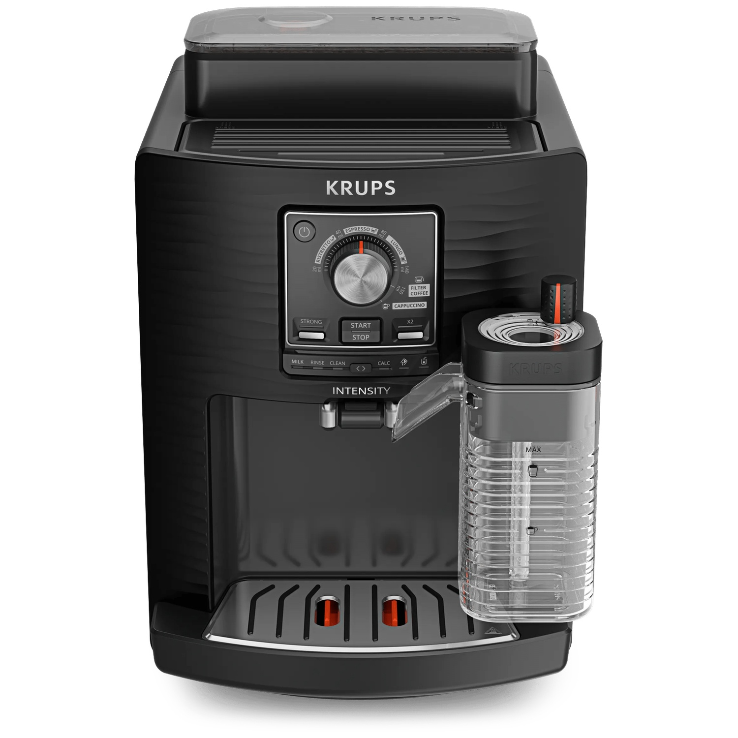 Black Krups coffee machine with milk carafe and control panel.