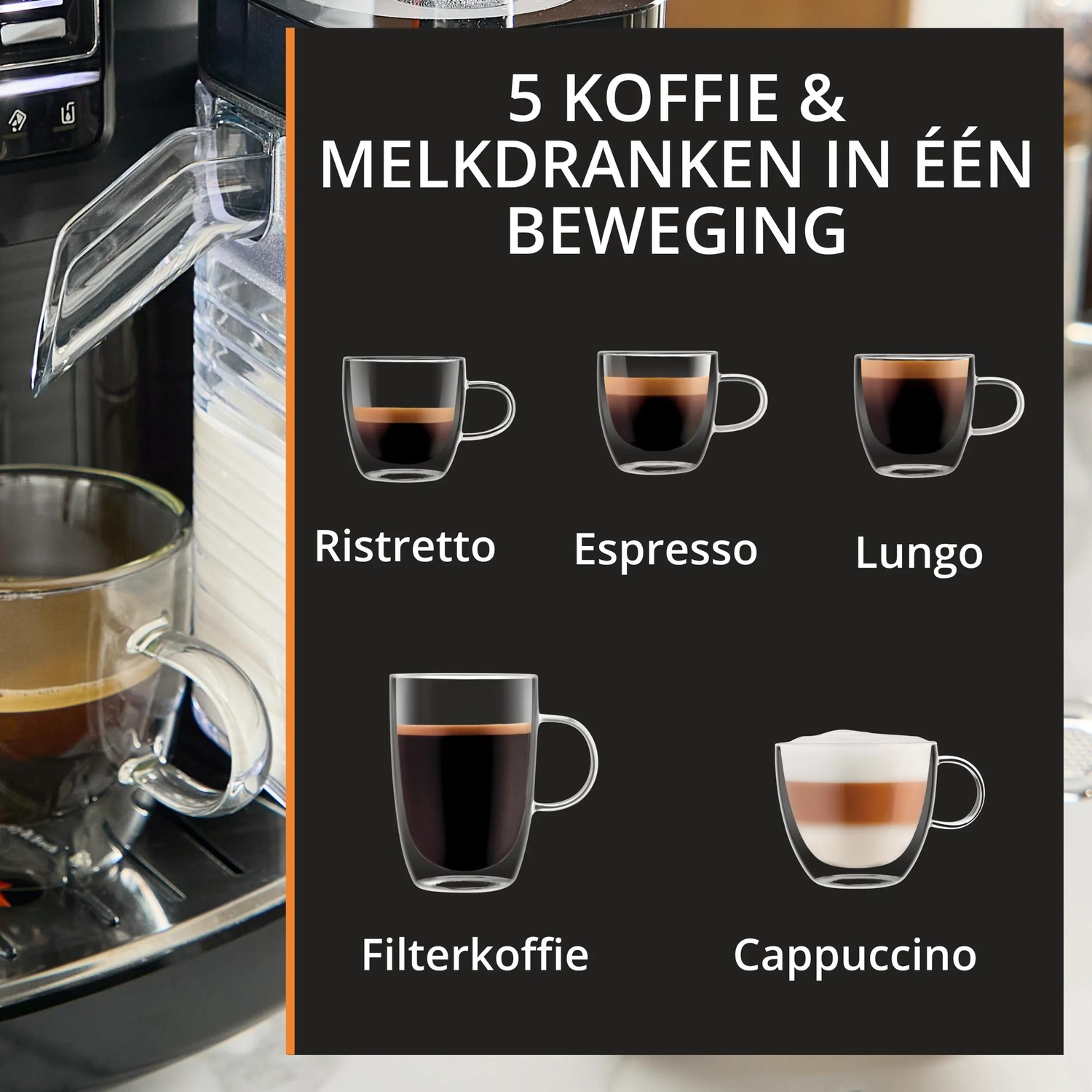 Five coffee drinks: Ristretto, Espresso, Lungo, Filter Coffee, Cappuccino.