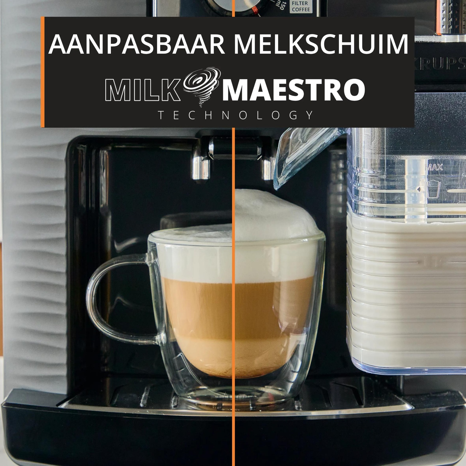 A glass of latte macchiato next to a milk carafe on a coffee machine.