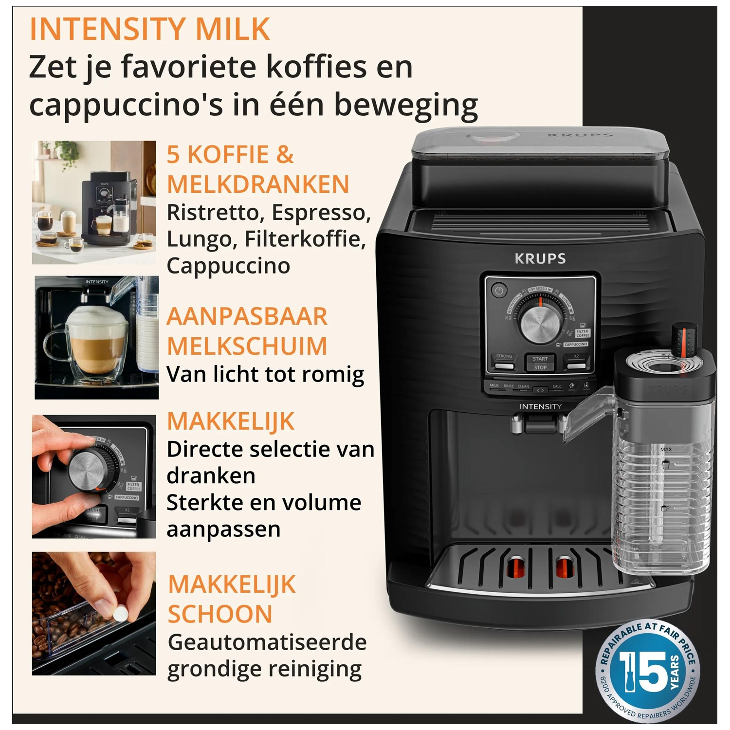 Black Krups coffee machine with milk container, cups, and control panel.
