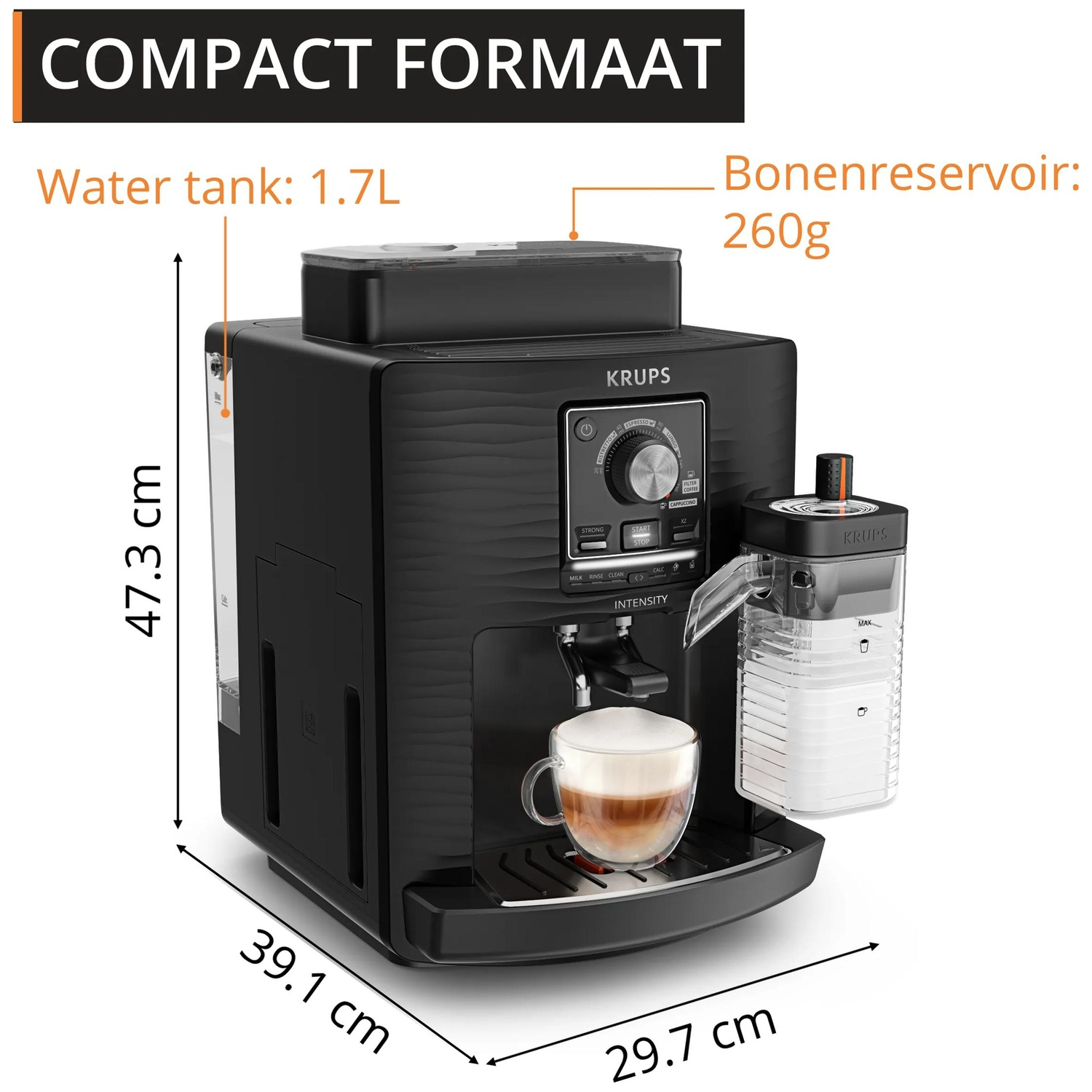 Krups automatic coffee machine with 1.7L water tank, 260g bean hopper.