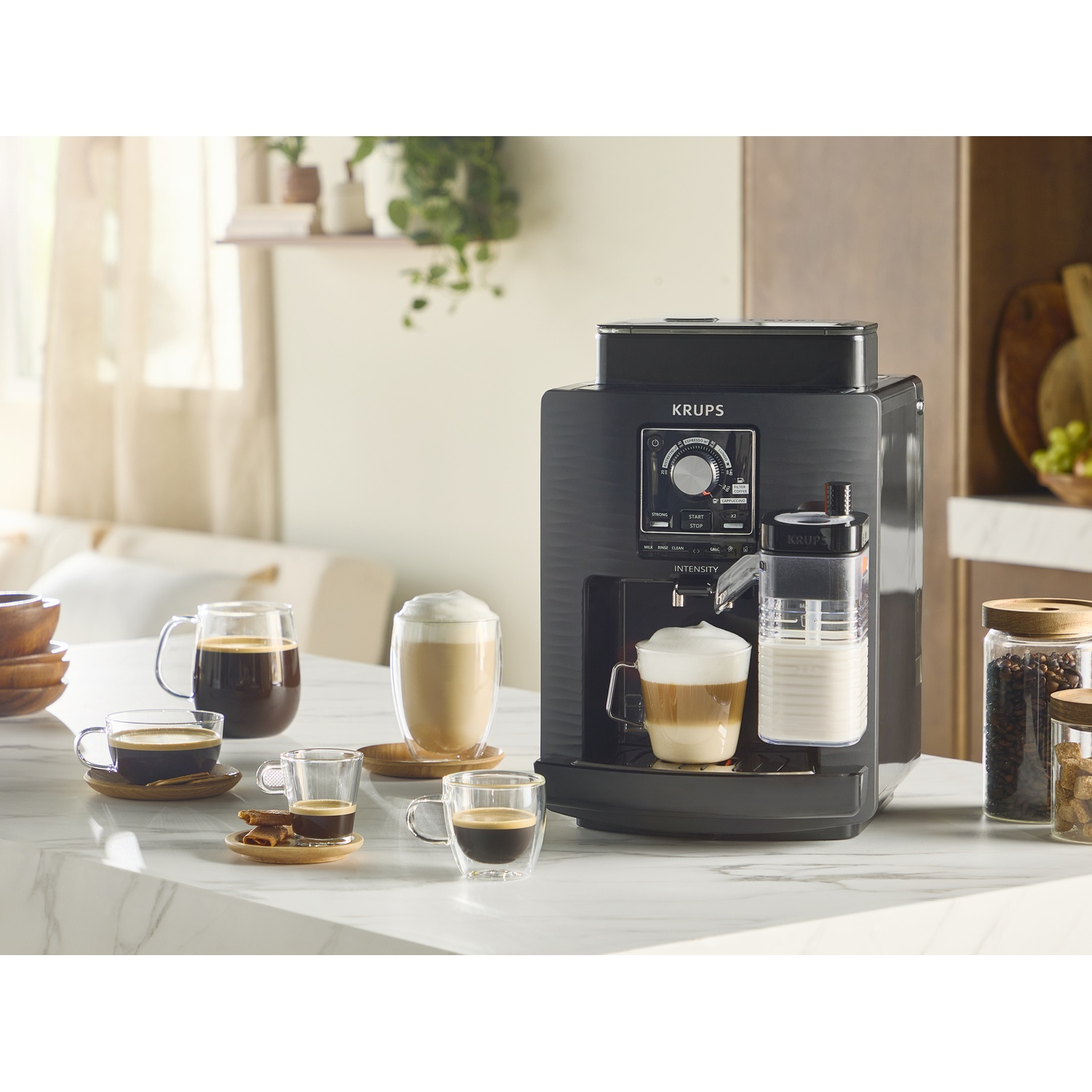 A black coffee machine with various coffee drinks and ingredients.