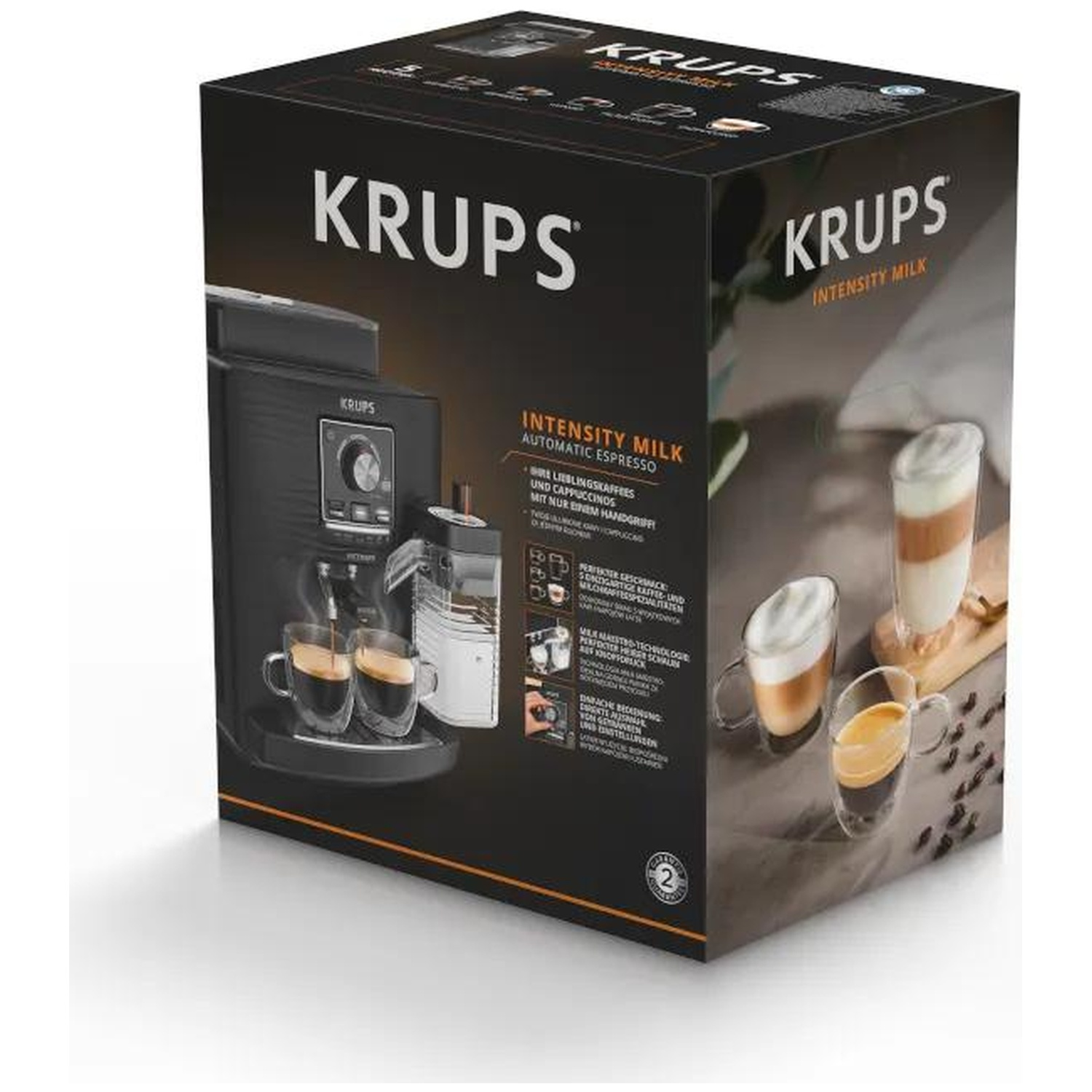 Krups coffee machine packaging showing espresso and milk-based drinks.