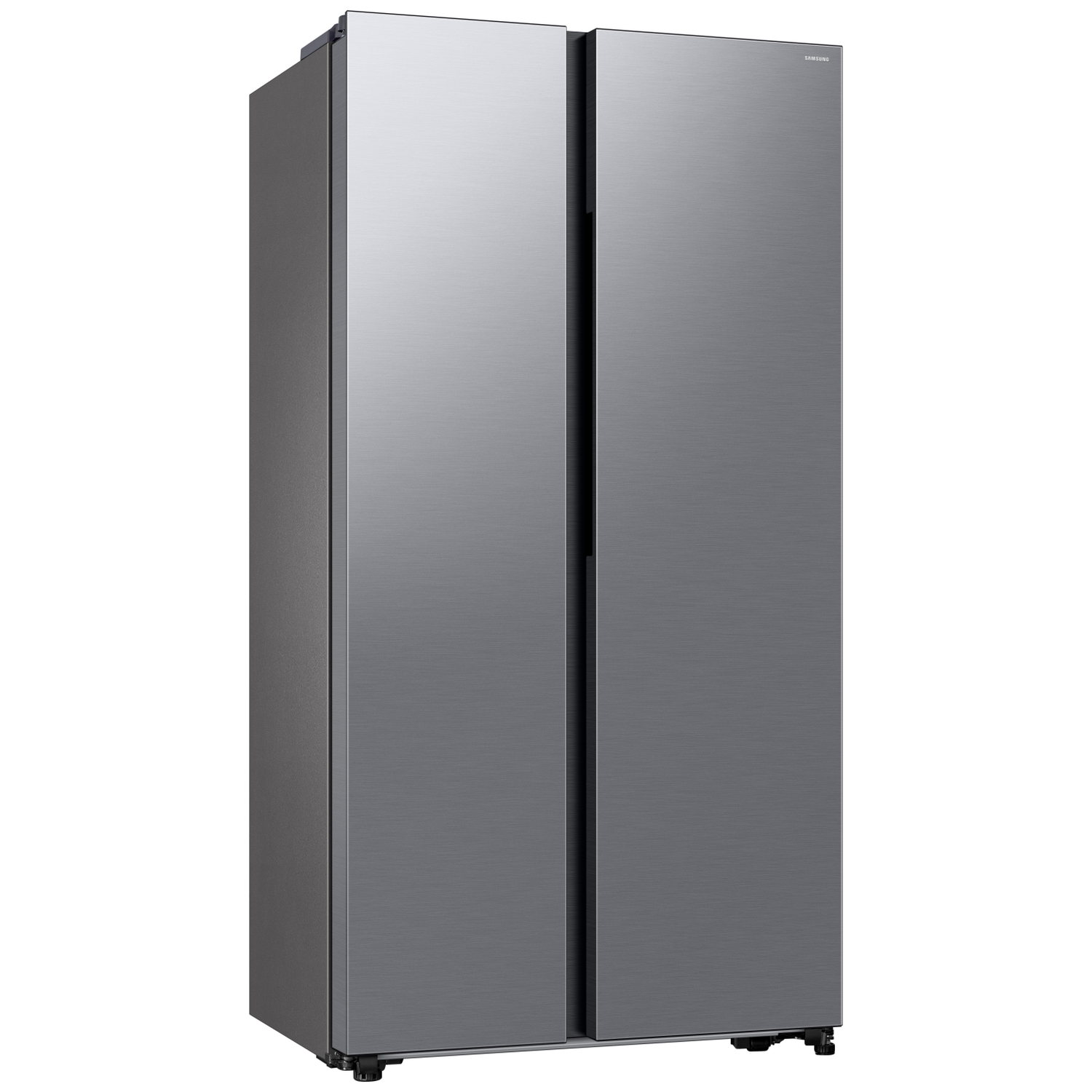 A silver Samsung double-door refrigerator is shown against a white background.