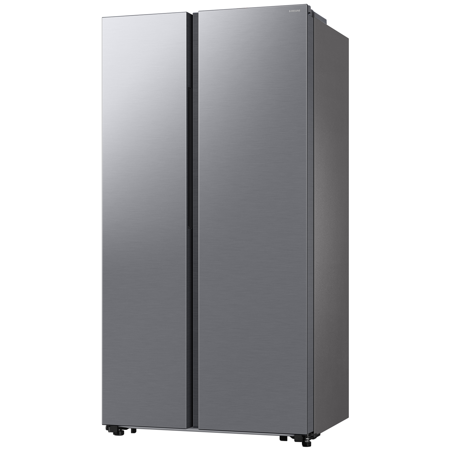 A gray Samsung side-by-side refrigerator with a brushed metal finish.