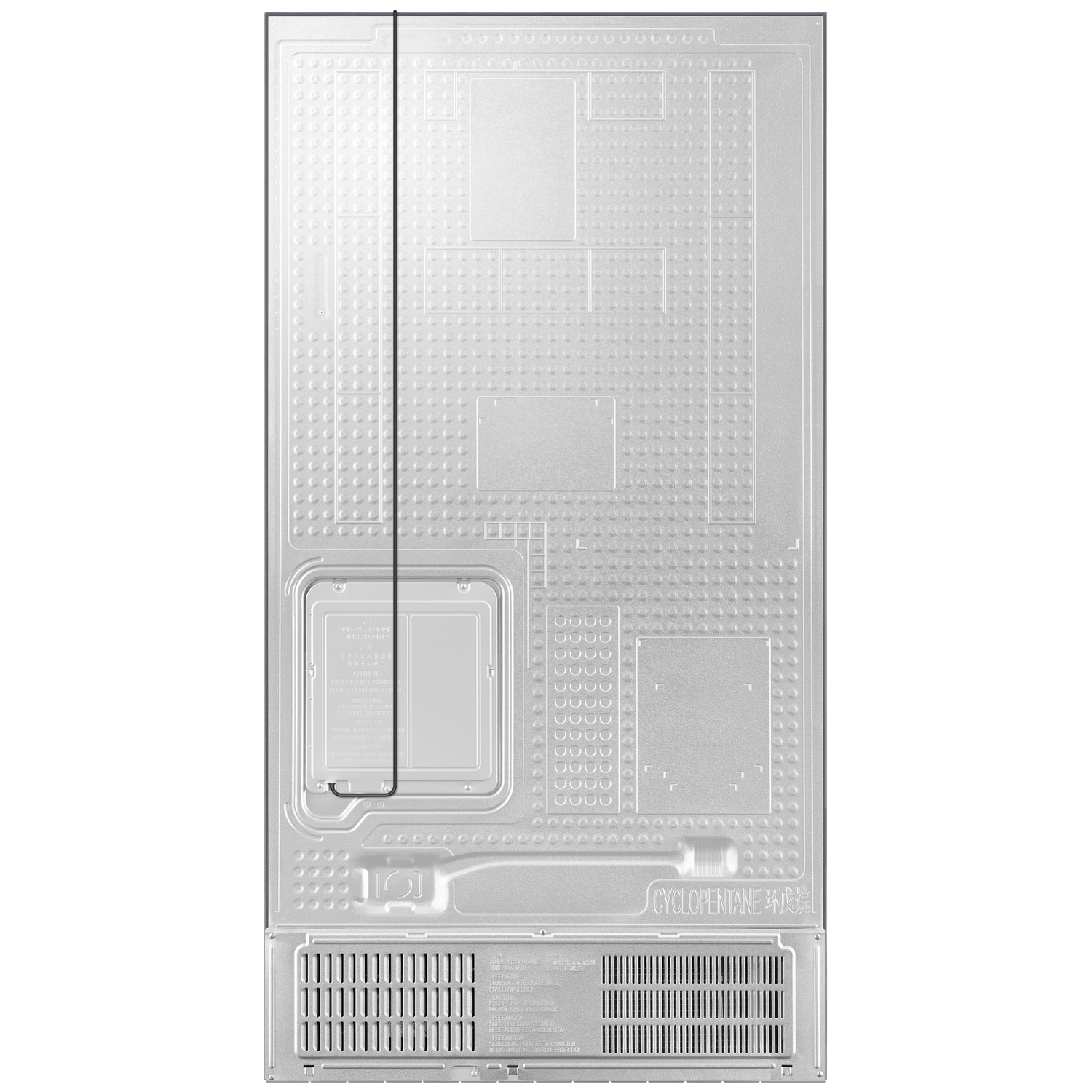 Back of a silver refrigerator with grilles and labels.